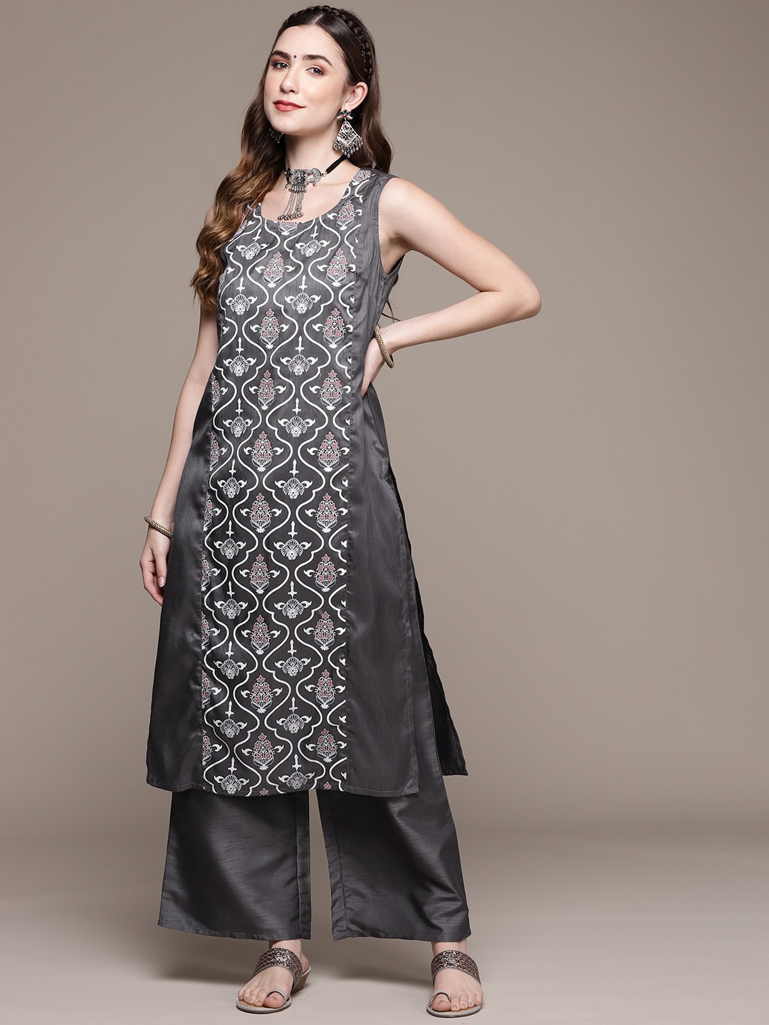 

Sangria Ethnic Motifs Printed Straight Kurta With Palazzo, Grey