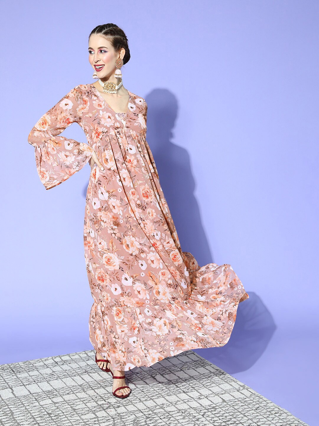 

Sangria Floral Printed Bell Sleeves Georgette Empire Dress, Peach