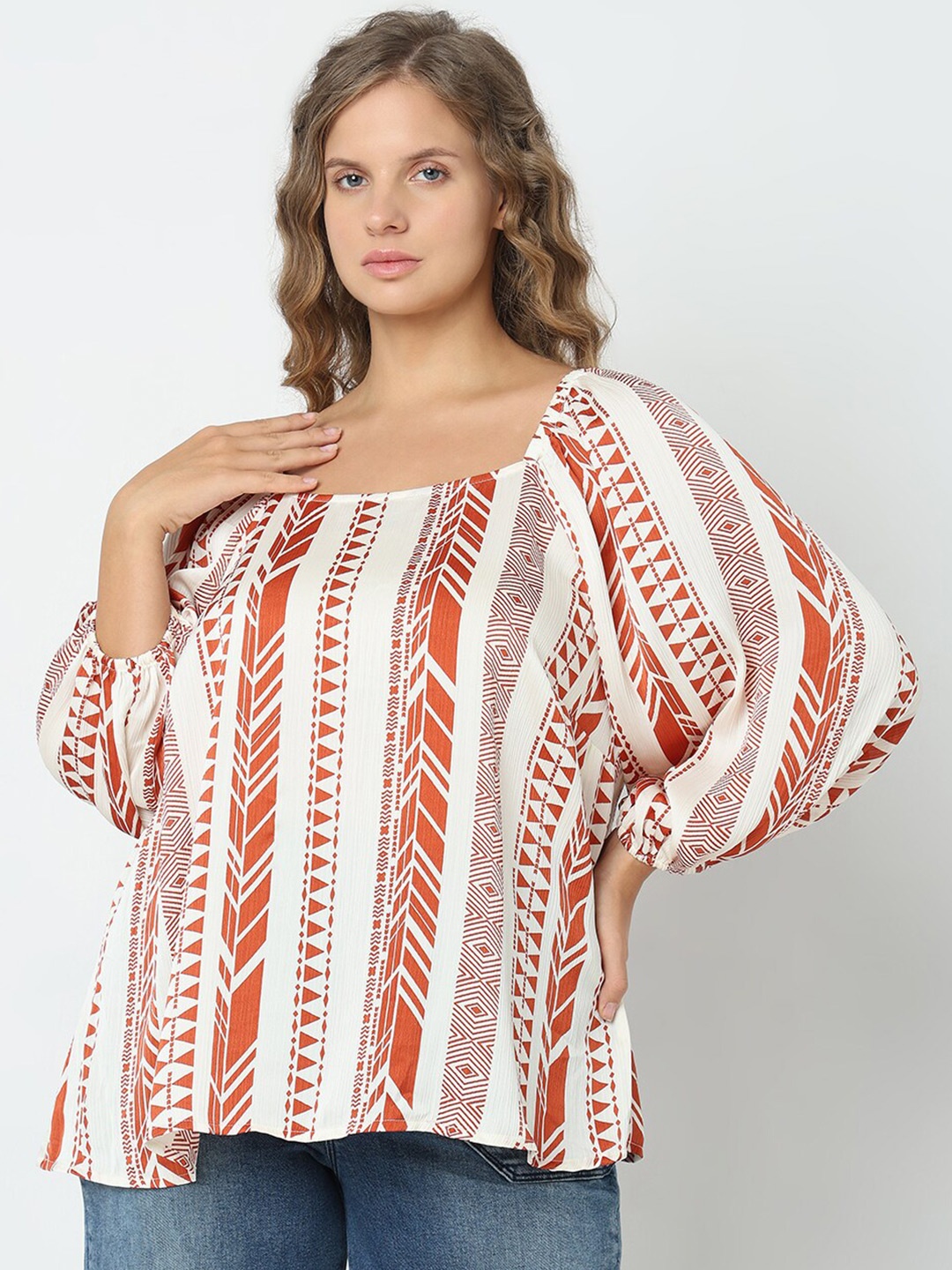 

VERO MODA CURVE Geometric Printed Puff Sleeves Regular Top, Orange