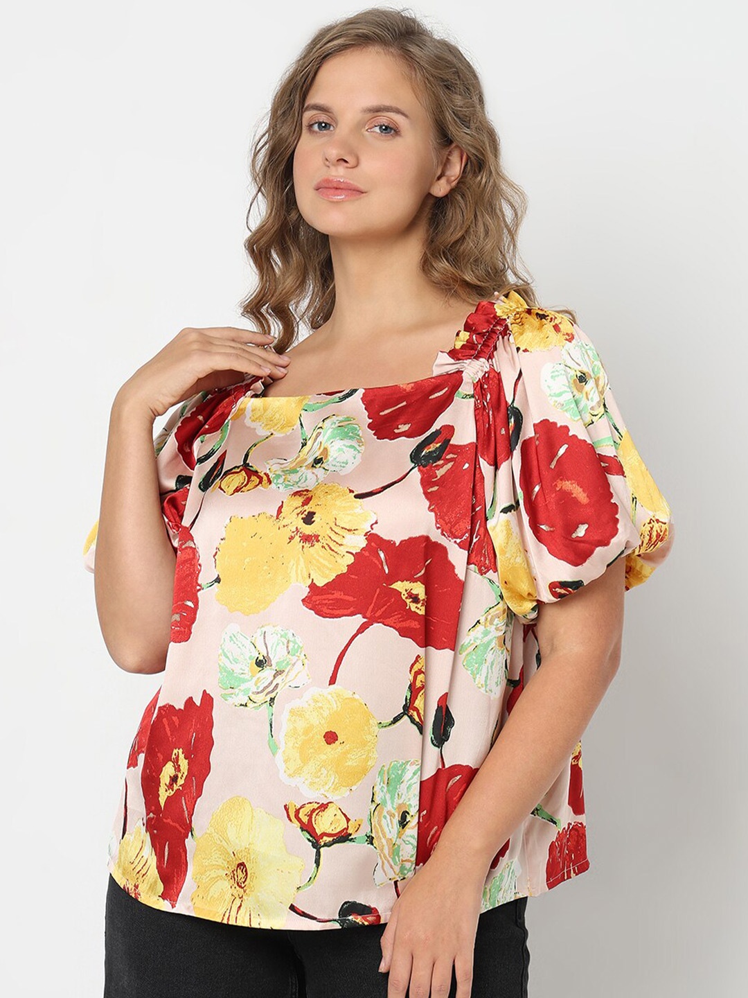 

VERO MODA CURVE Floral Printed Puff Sleeves Regular Top, Pink