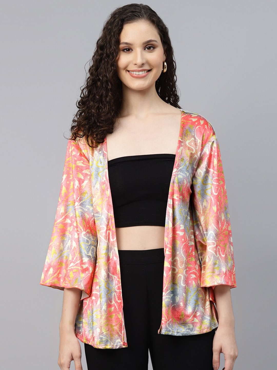 

DEEBACO Printed Velvet Flared Sleeves Shrug, Pink