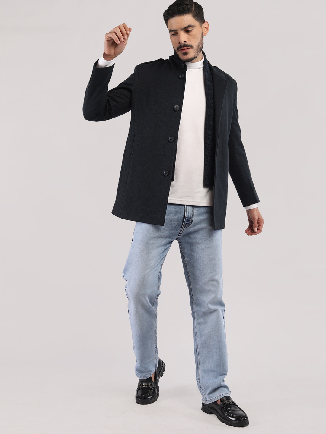 

LURE URBAN Spread Collar Single Breasted Overcoat, Navy blue