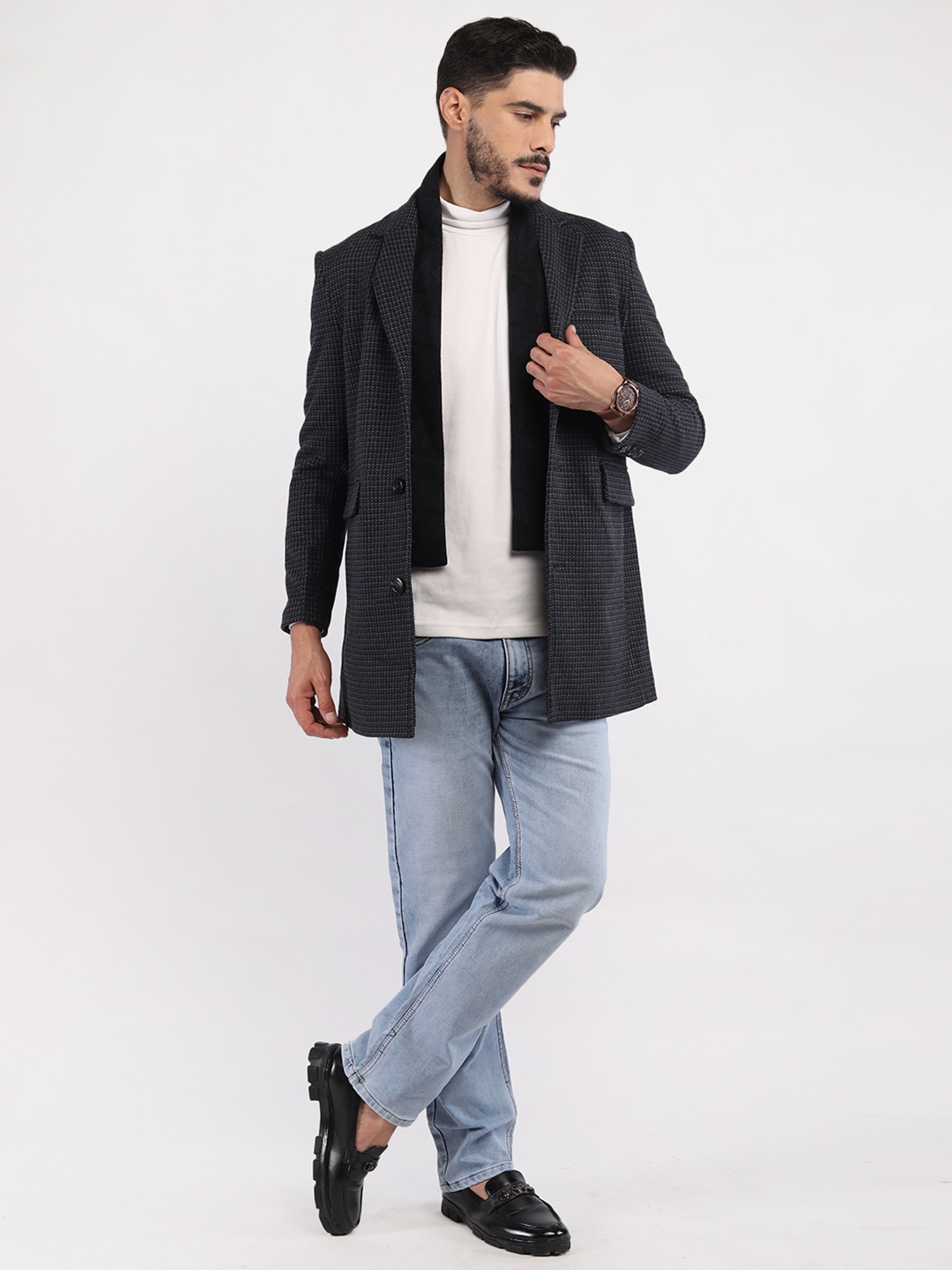 

LURE URBAN Checked Notched Lapel Collar Single Breasted OverCoat, Blue