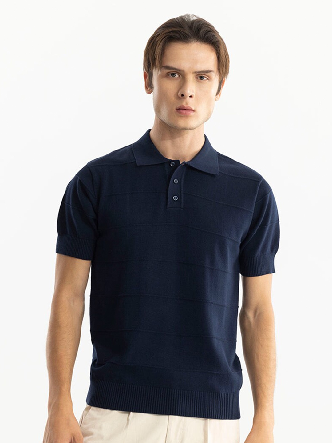 

Snitch Navy Blue Self Design Polo Collar Cotton Slim Fit T-shirt