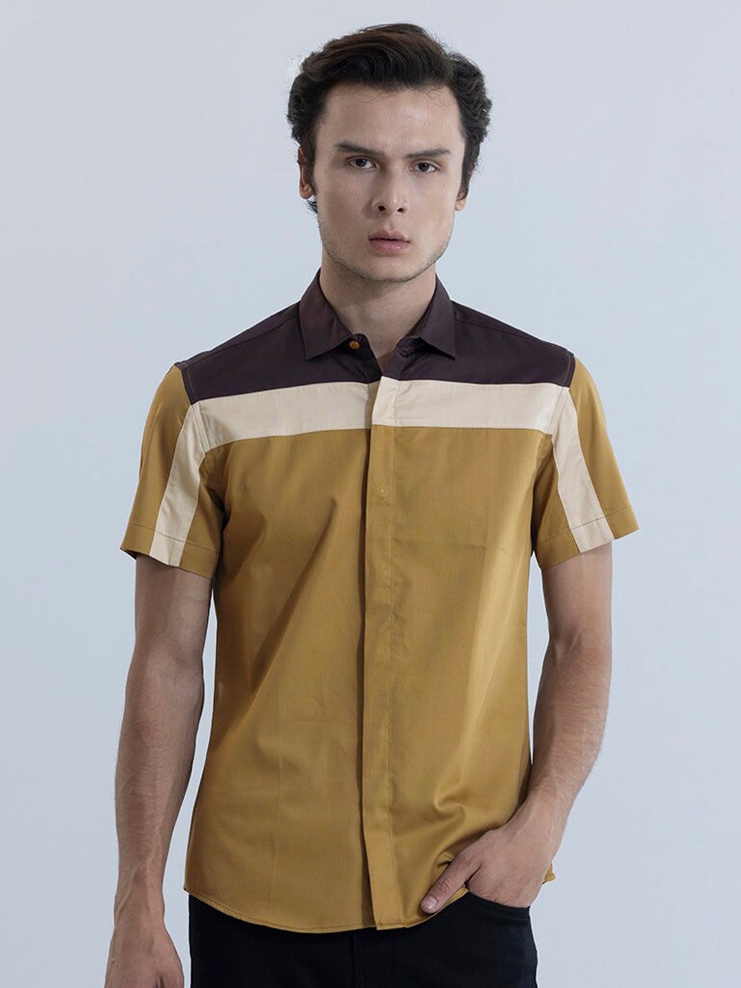 

Snitch Classic Slim Fit Colourblocked Cotton Casual Shirt, Brown