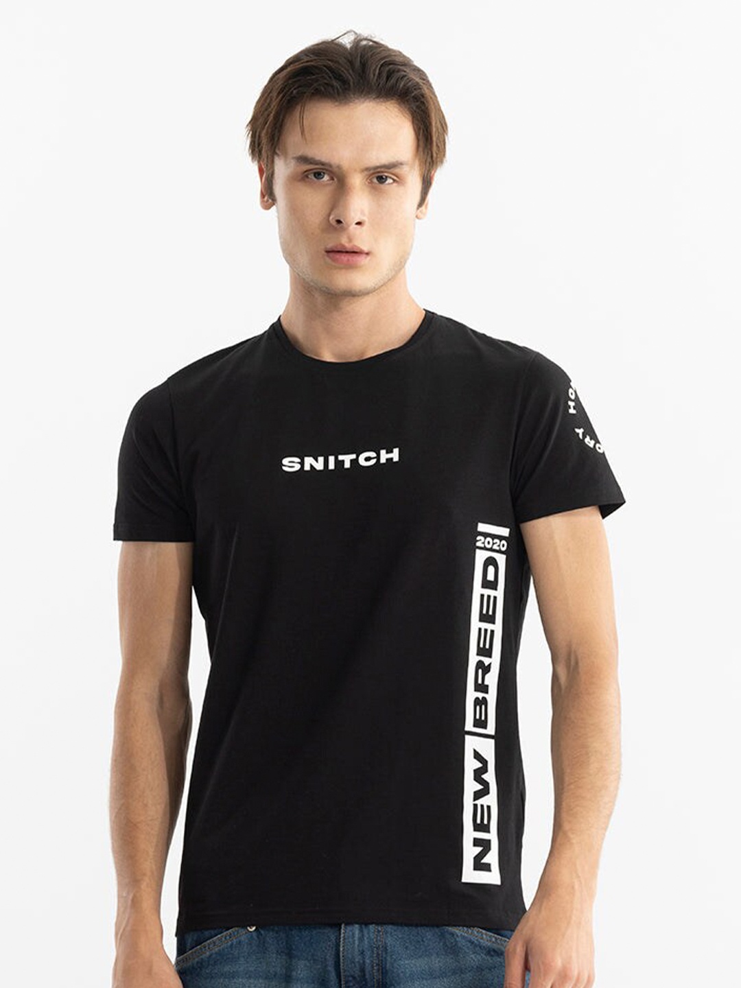 

Snitch Black Typography Printed Cotton T-shirt