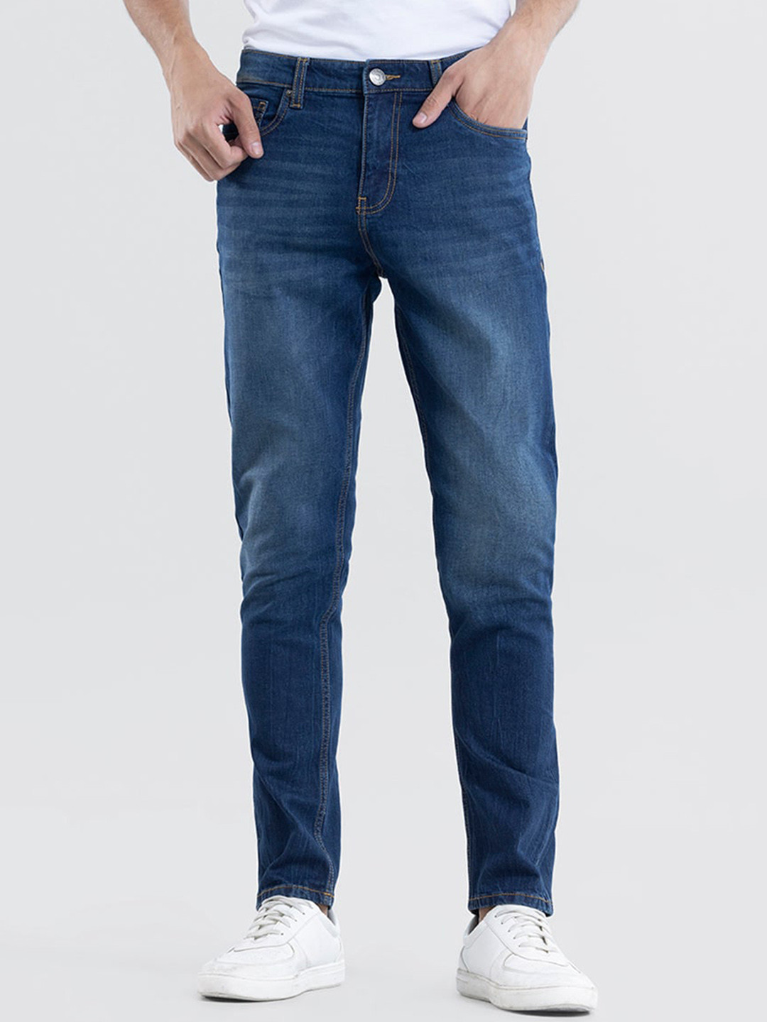 

Snitch Men Smart Skinny Fit Low Distress Light Fade Stretchable Cotton Jeans, Blue