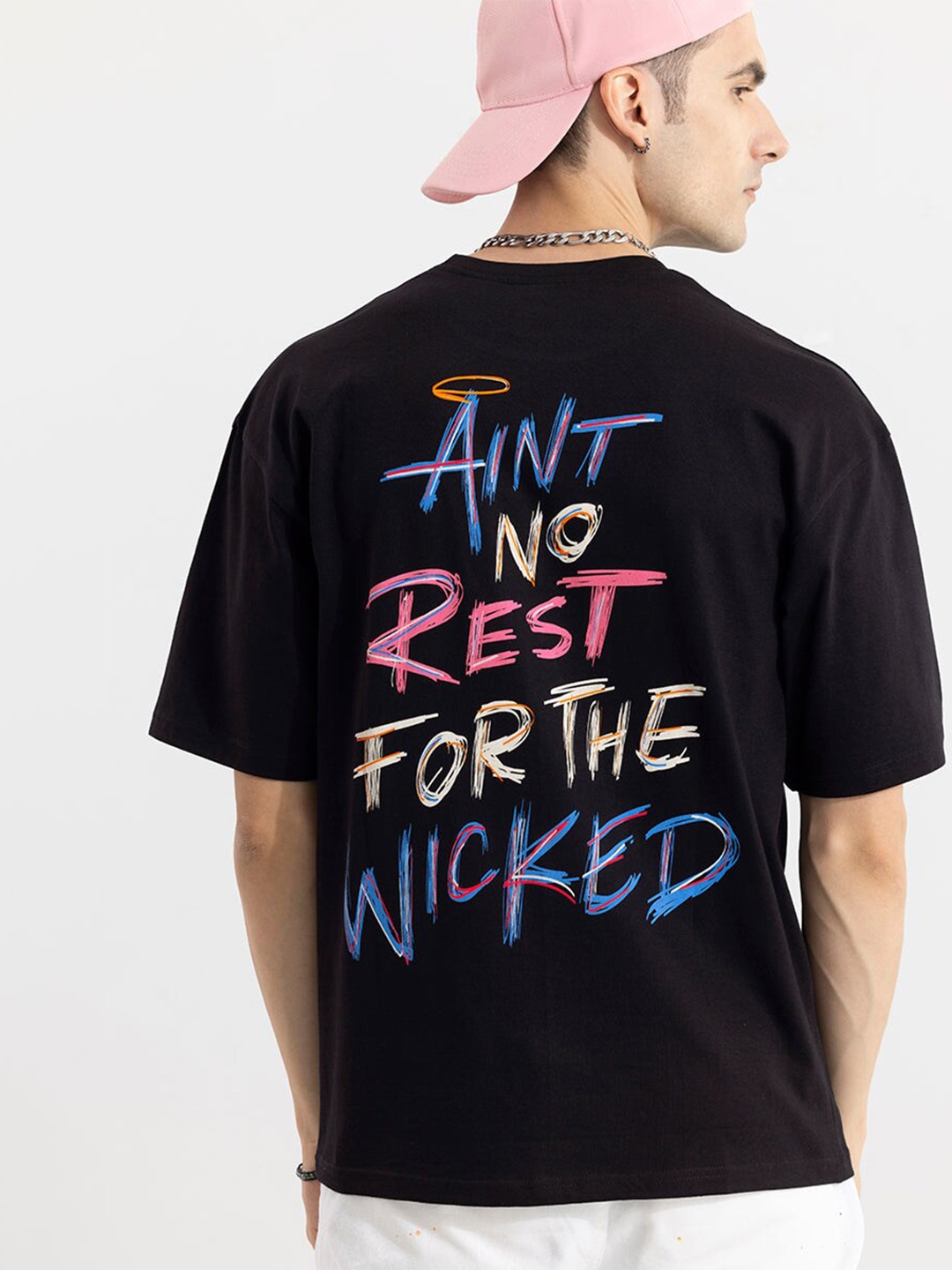 

Snitch Black Typography Printed Oversized Cotton T-shirt