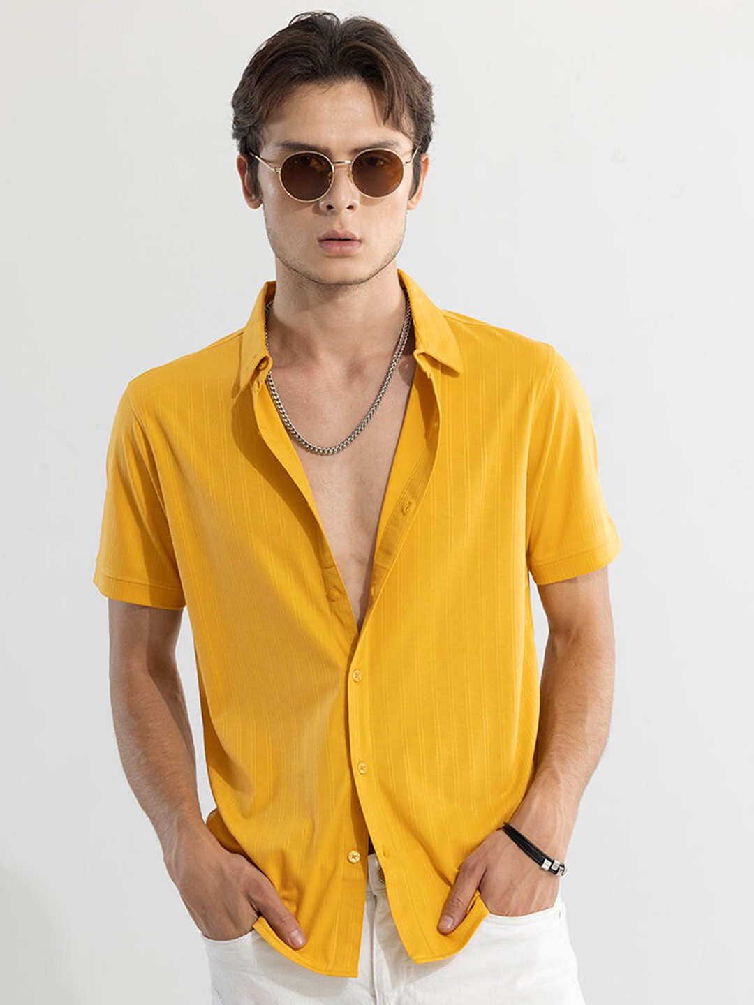 

Snitch Yellow Classic Slim Fit Vertical Stripes Cotton Casual Shirt, Mustard