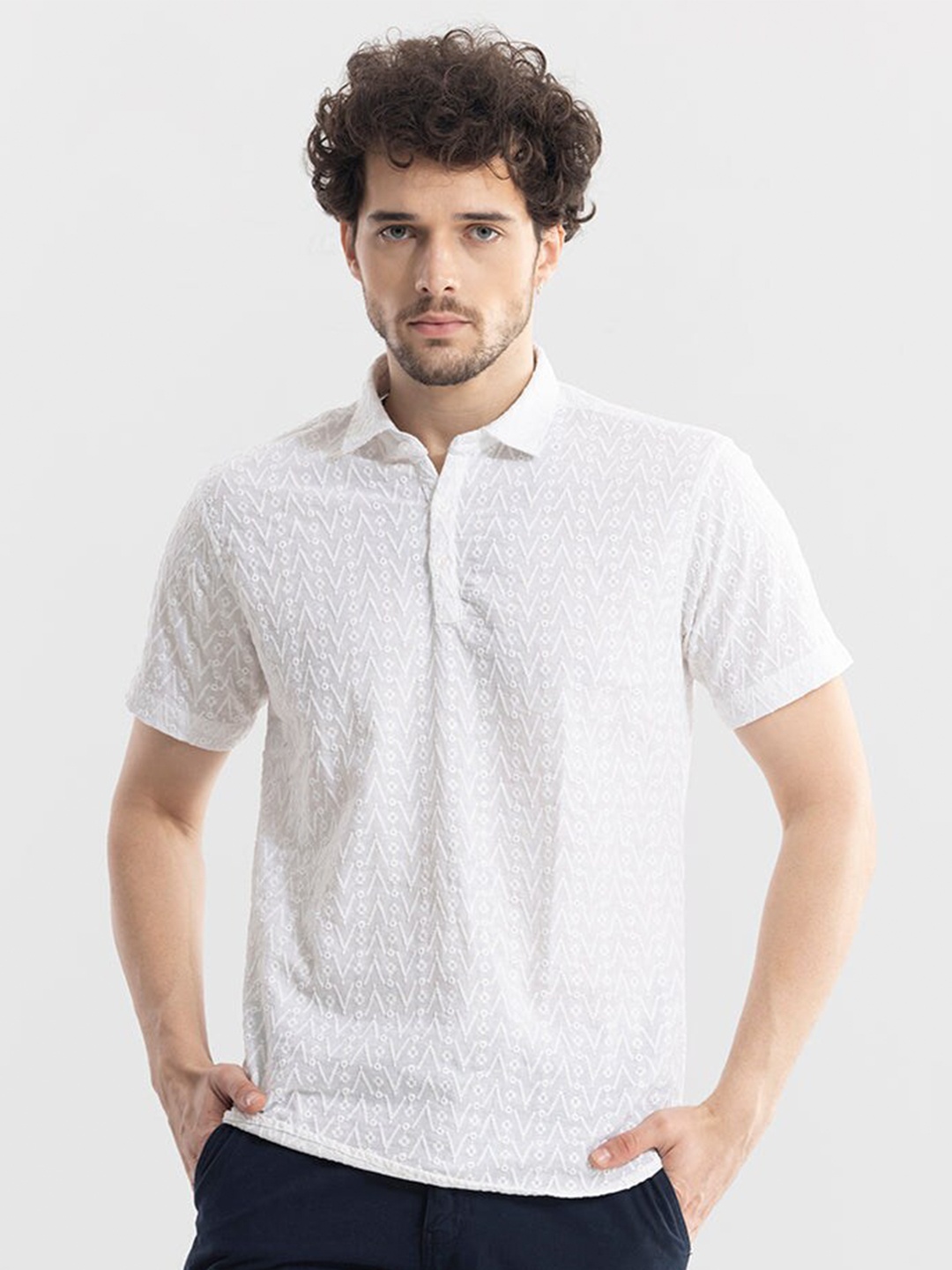

Snitch White Self Design Polo Collar Cotton Regular T-shirt