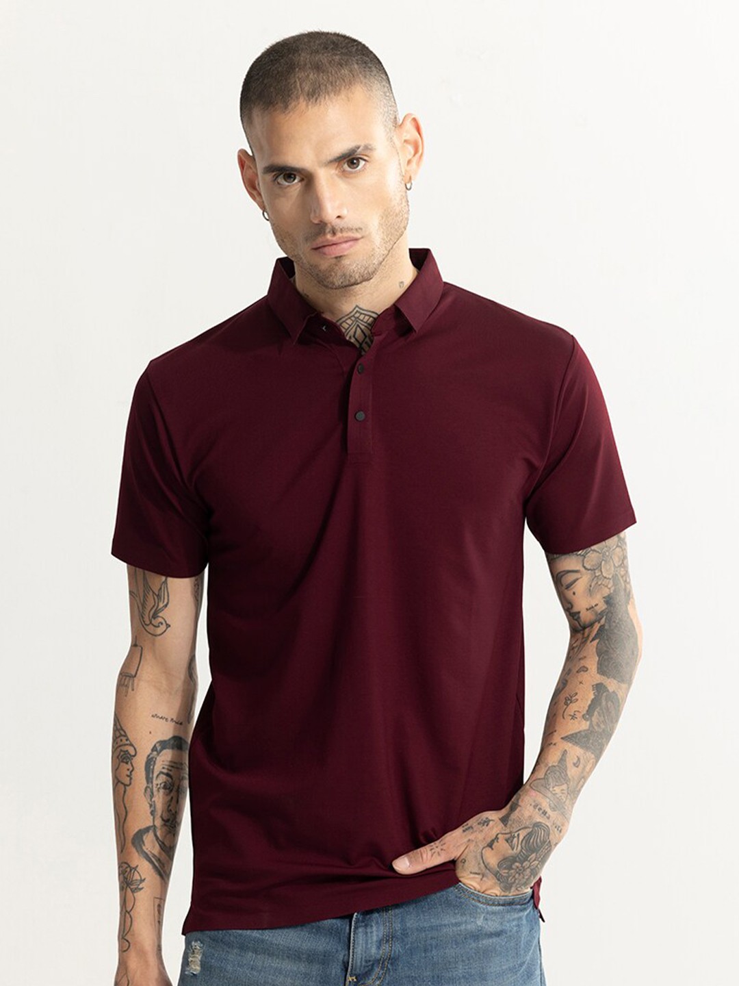 

Snitch Maroon Polo Collar Cotton T-shirt