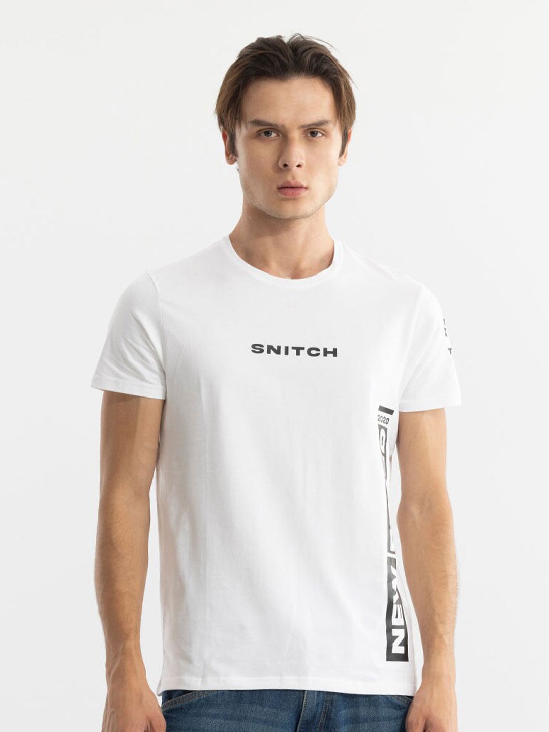 

Snitch Typography Printed Round Neck Cotton T-shirt, White