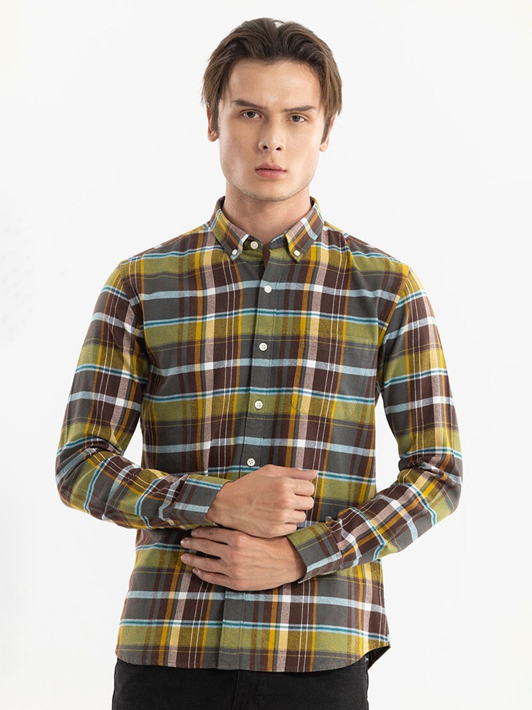 

Snitch Classic Slim Fit Tartan Checked Button-Down Collar Cotton Casual Shirt, Yellow