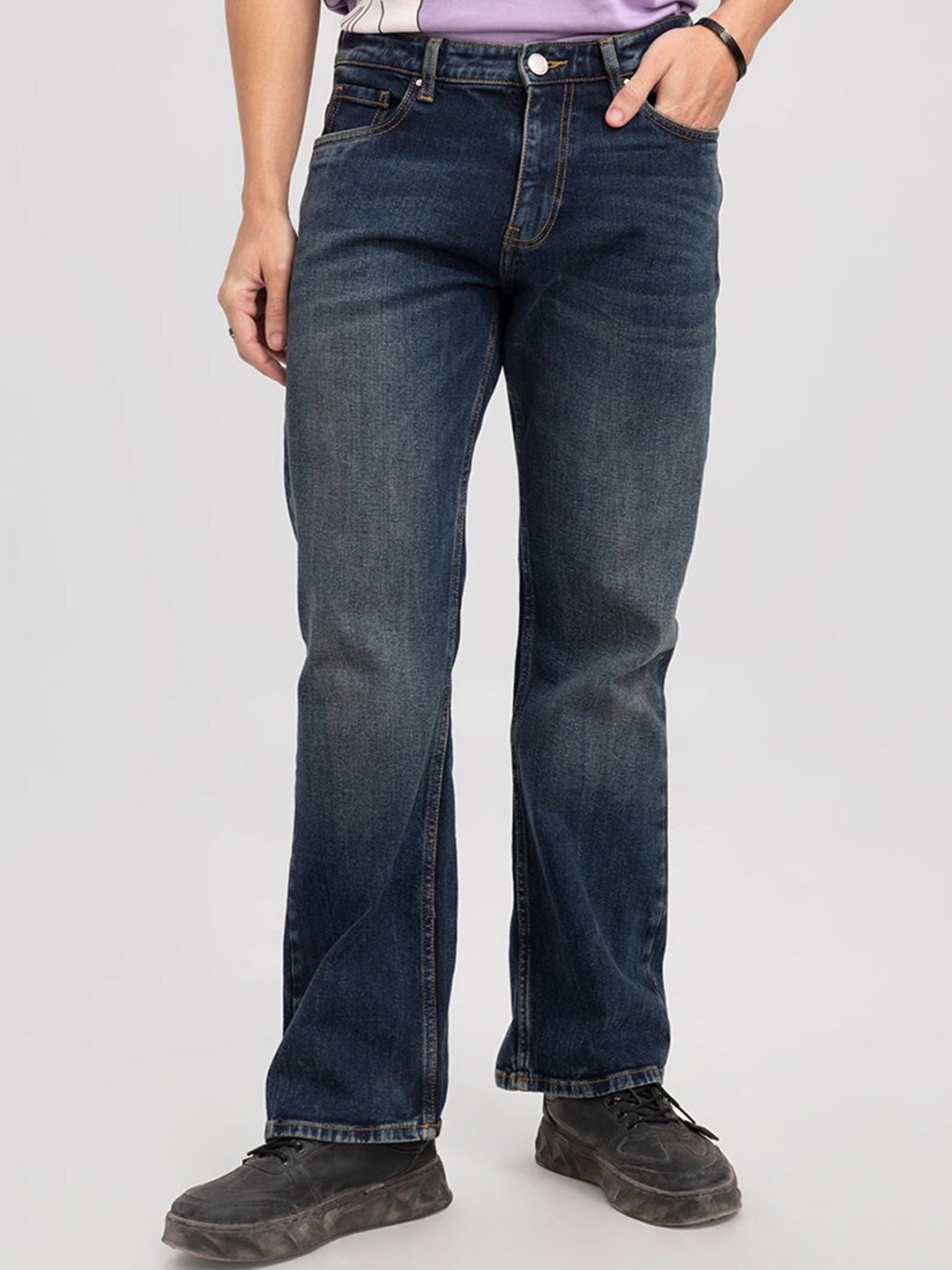 

Snitch Men Smart Bootcut Low Distress Light Fade Stretchable Cotton Jeans, Blue