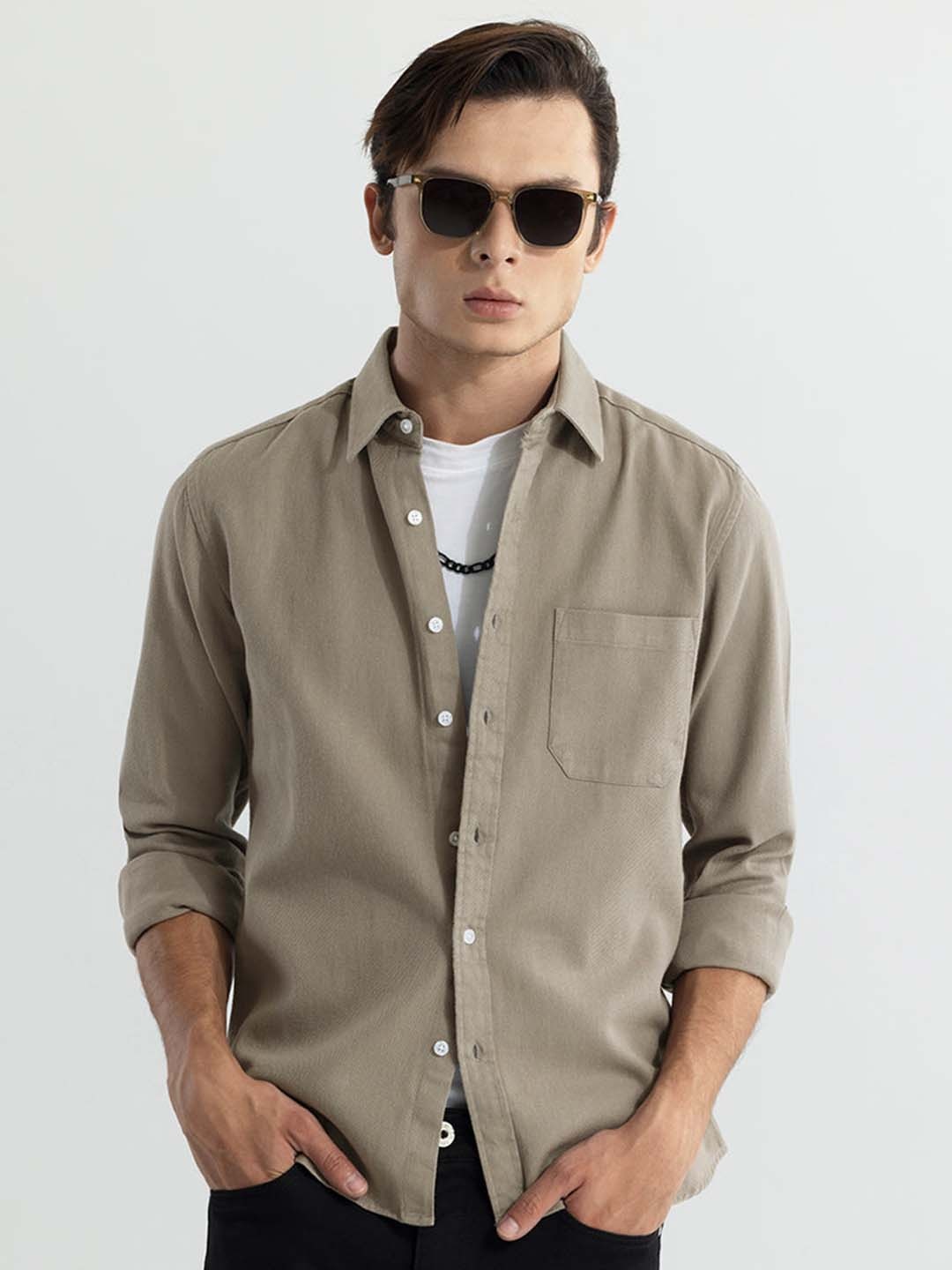 

Snitch Khaki Classic Slim Fit Spread Collar Long Sleeves Cotton Casual Shirt