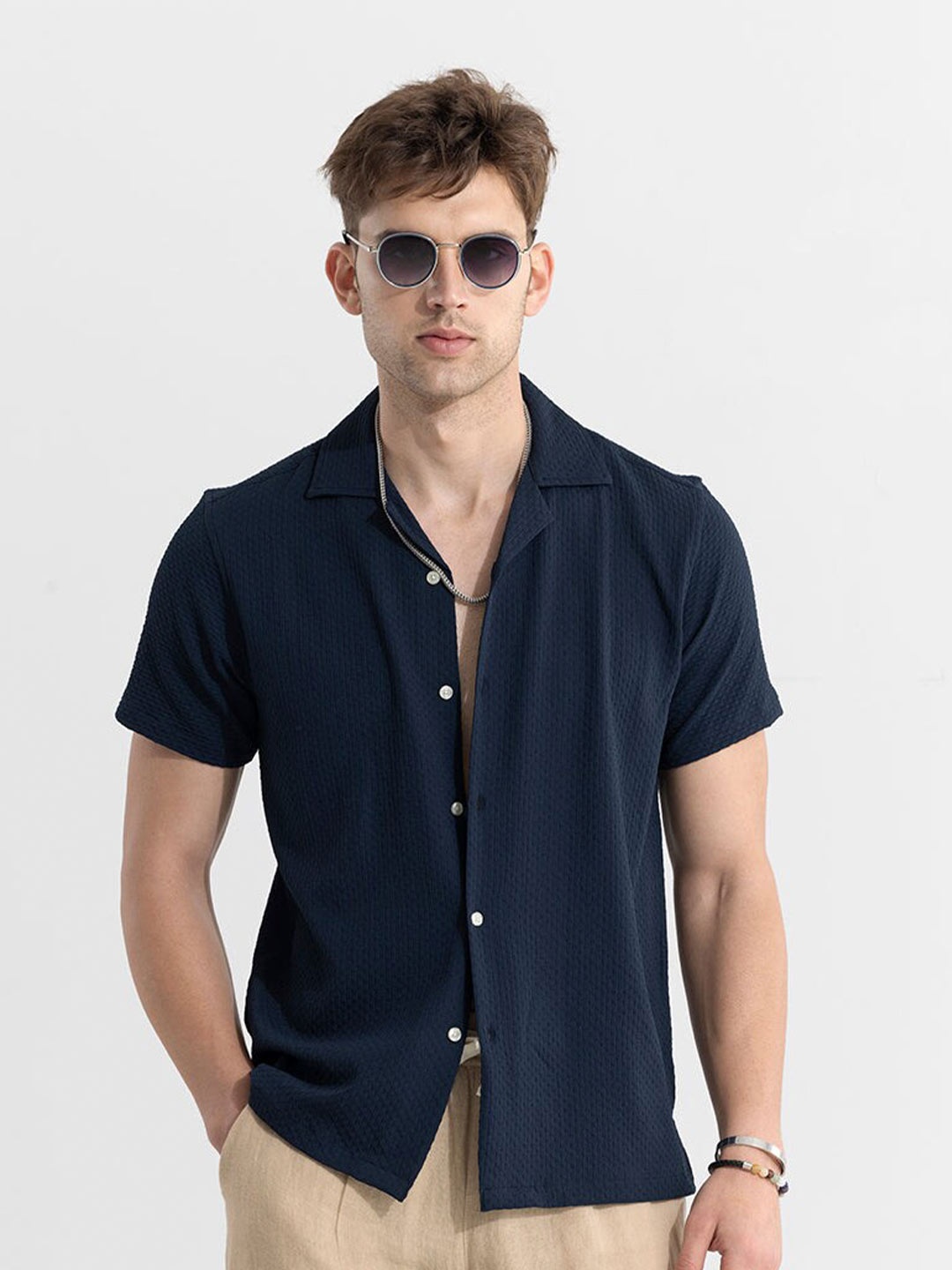 

Snitch Self Design Textured Classic Casual Shirt, Navy blue