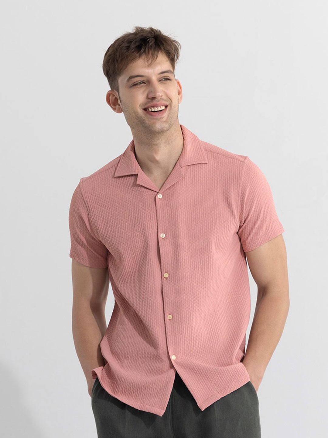 

Snitch Classic Textured Self Design Opaque Casual Shirt, Pink