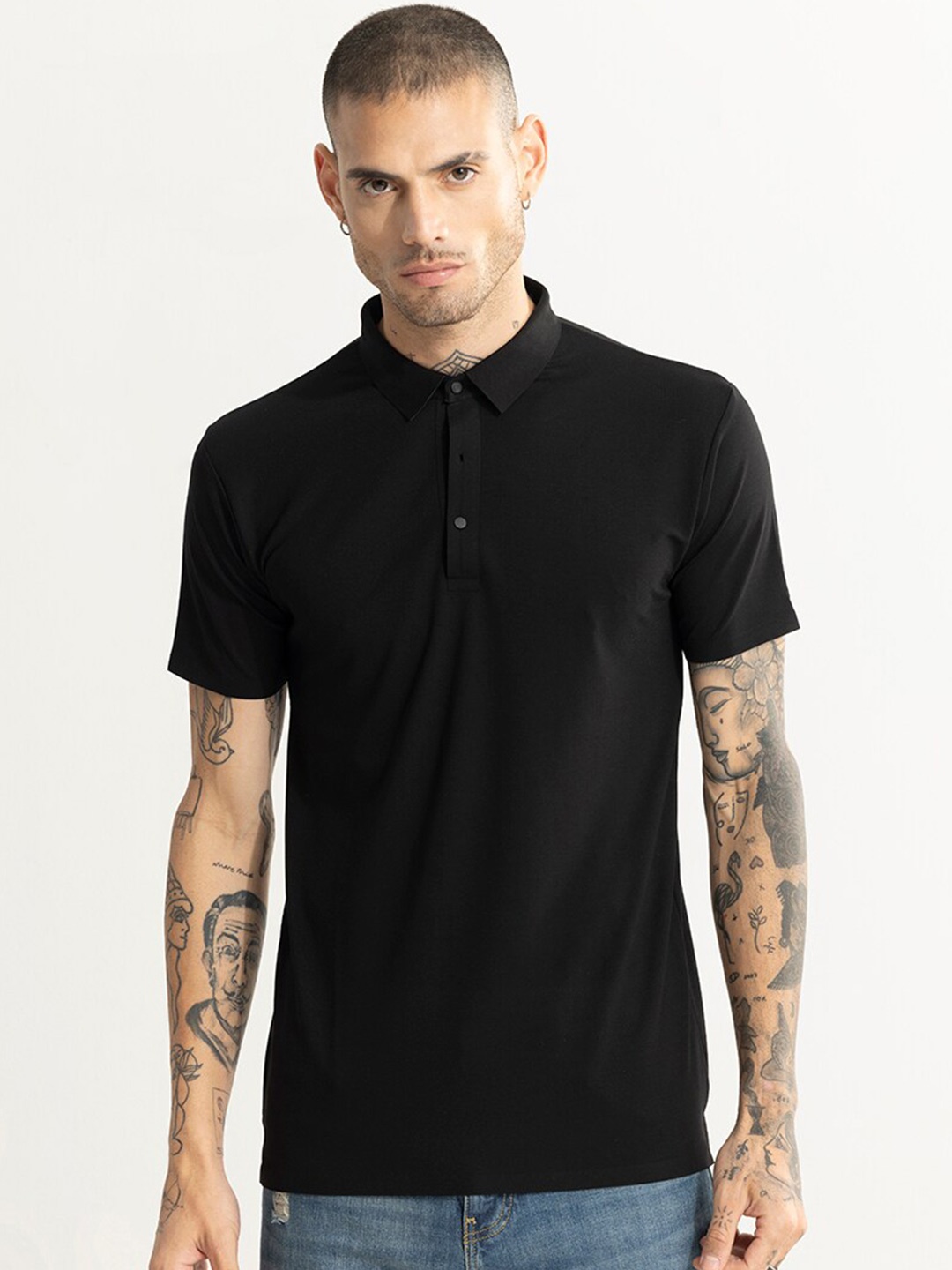 

Snitch Black Polo Collar Cotton T-shirt