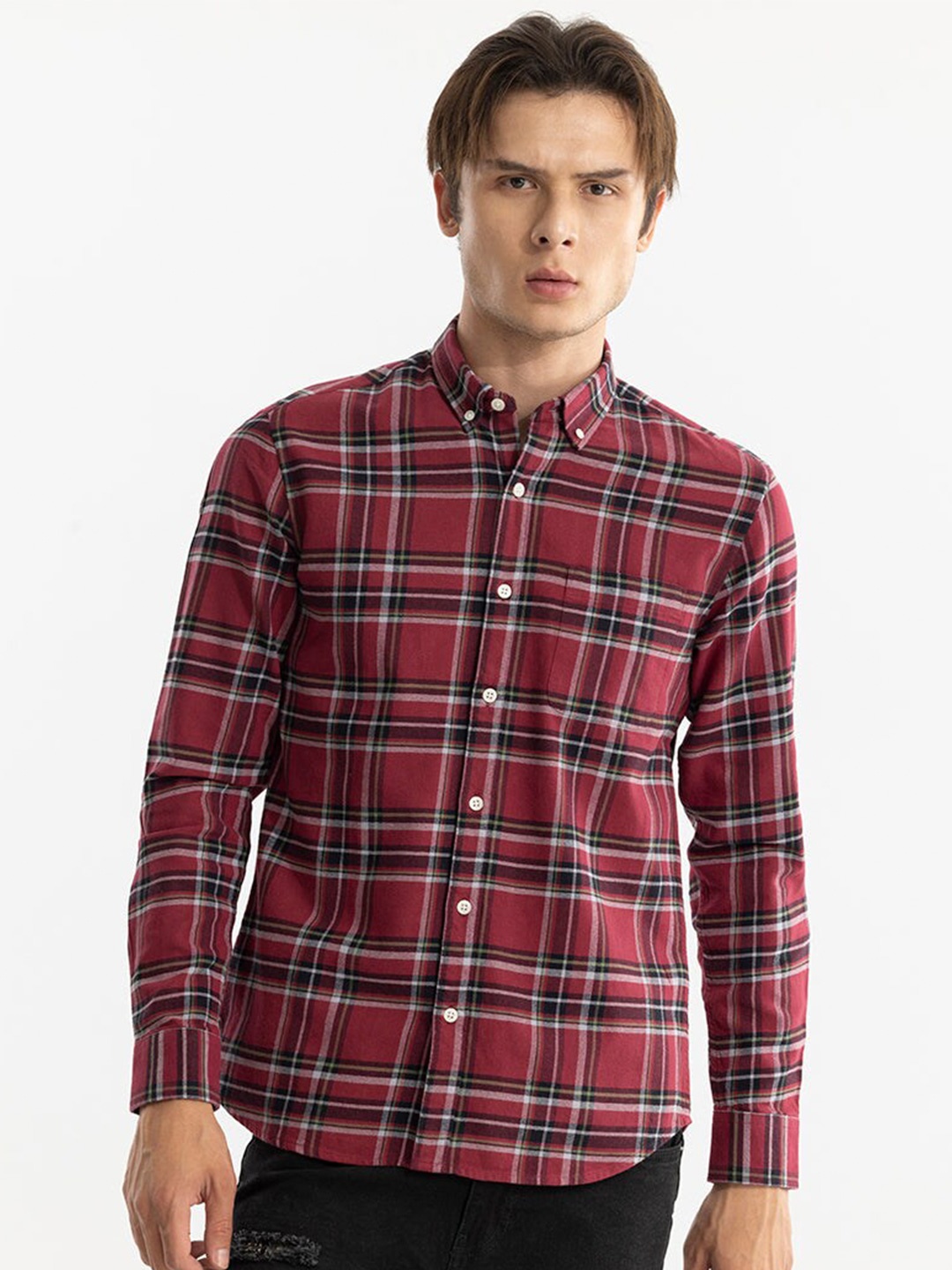 

Snitch Classic Slim Fit Checked Button-Down Collar Cotton Casual Shirt, Red