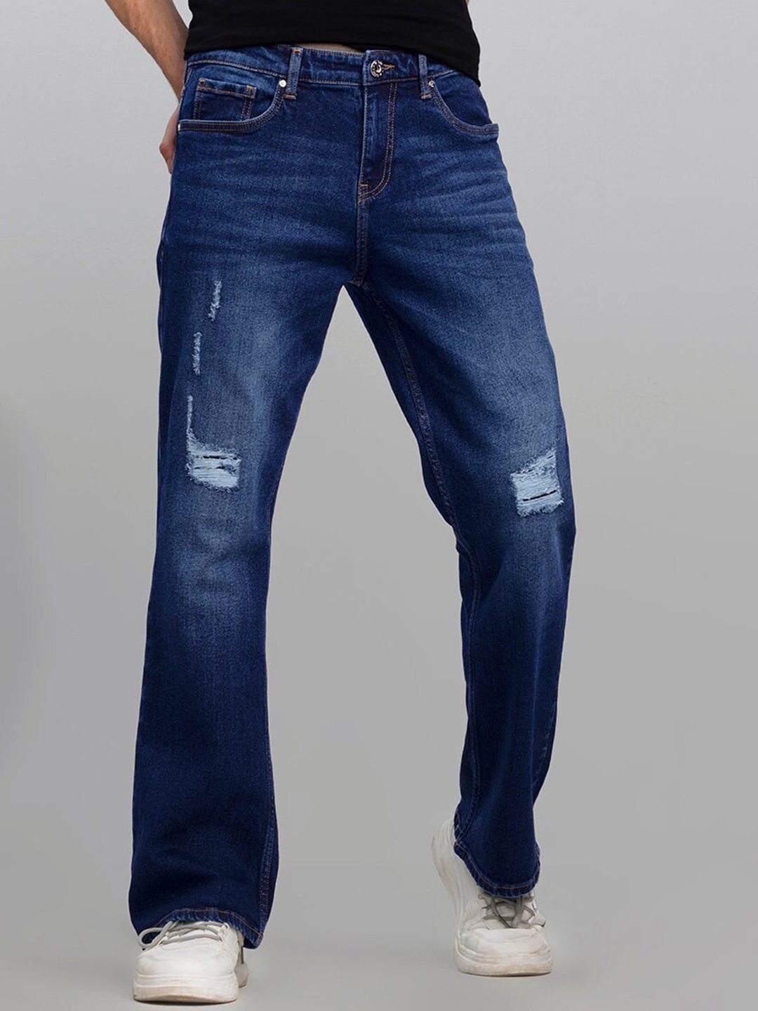 

Snitch Men Smart Bootcut Low Distress Light Fade Stretchable Jeans, Blue