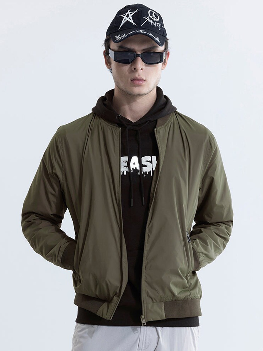 

Snitch Olive Green Hooded Bomber Jacket