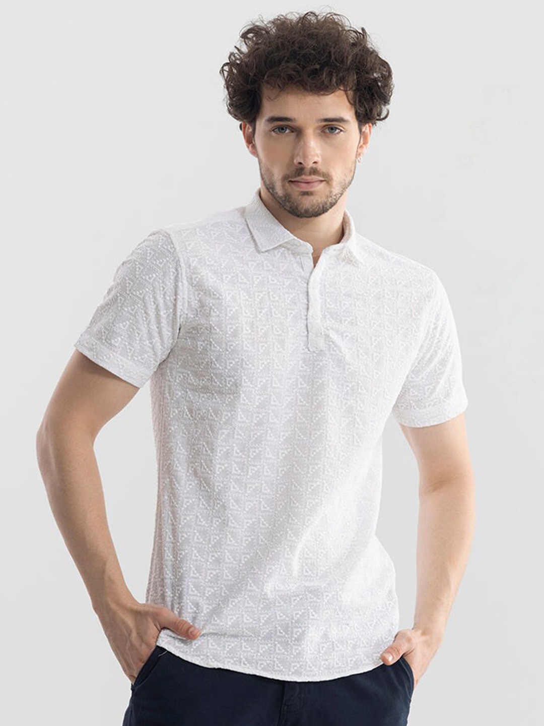 

Snitch White Embroidered Polo Collar Cotton Regular T-shirt