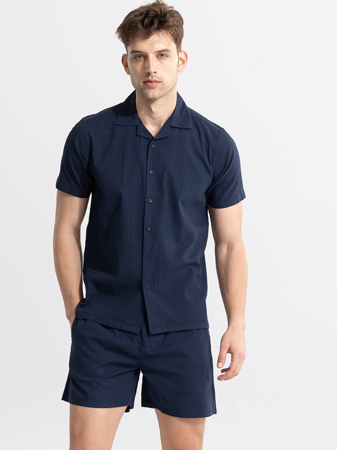 

Snitch Navy Blue Notched Lapel Collar Shirt With Shorts