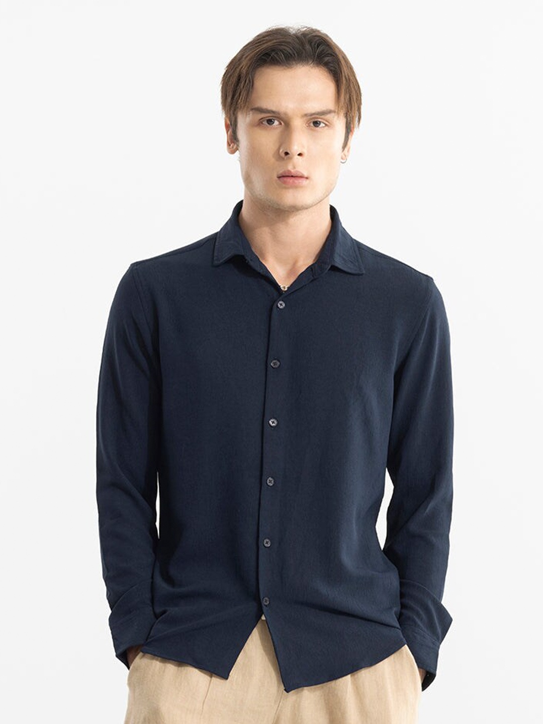 

Snitch Navy Blue Classic Slim Fit Opaque Casual Shirt