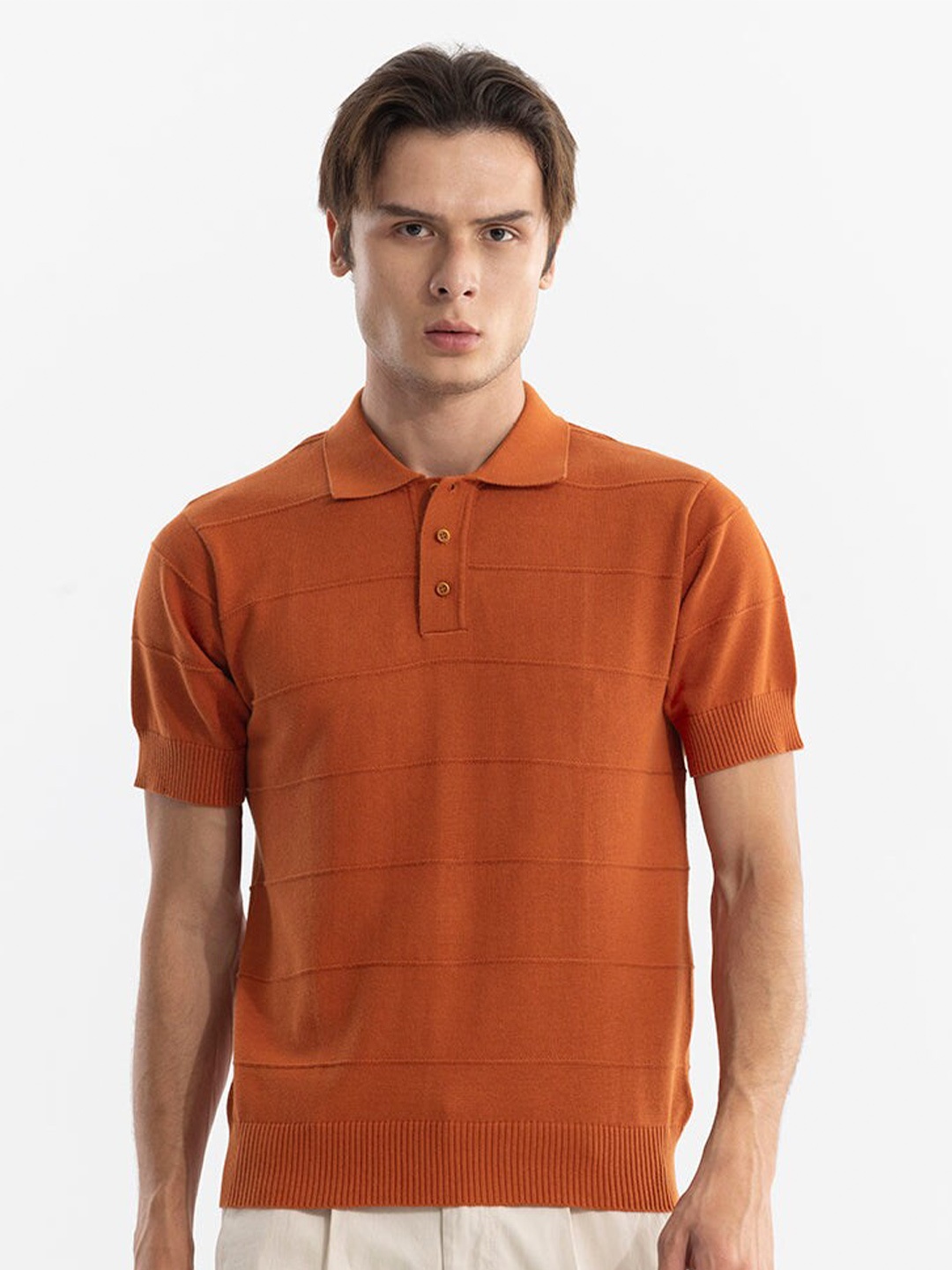 

Snitch Orange Self Design Polo Collar Slim Fit Cotton T-shirt