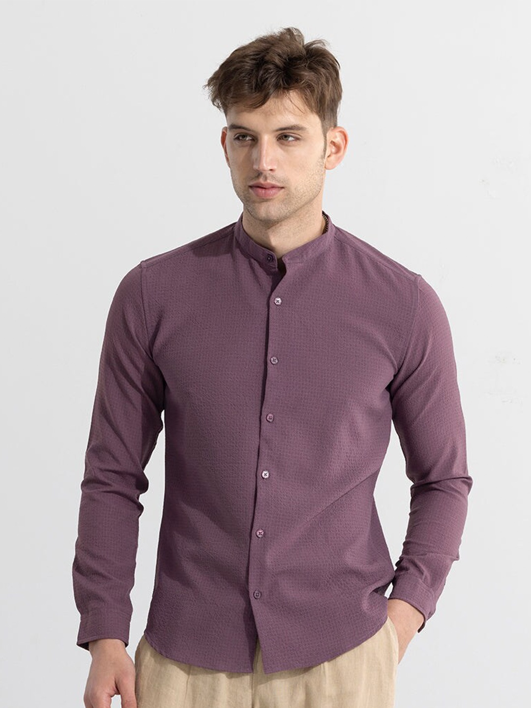 

Snitch Mauve Classic Band Collar Cotton Casual Shirt