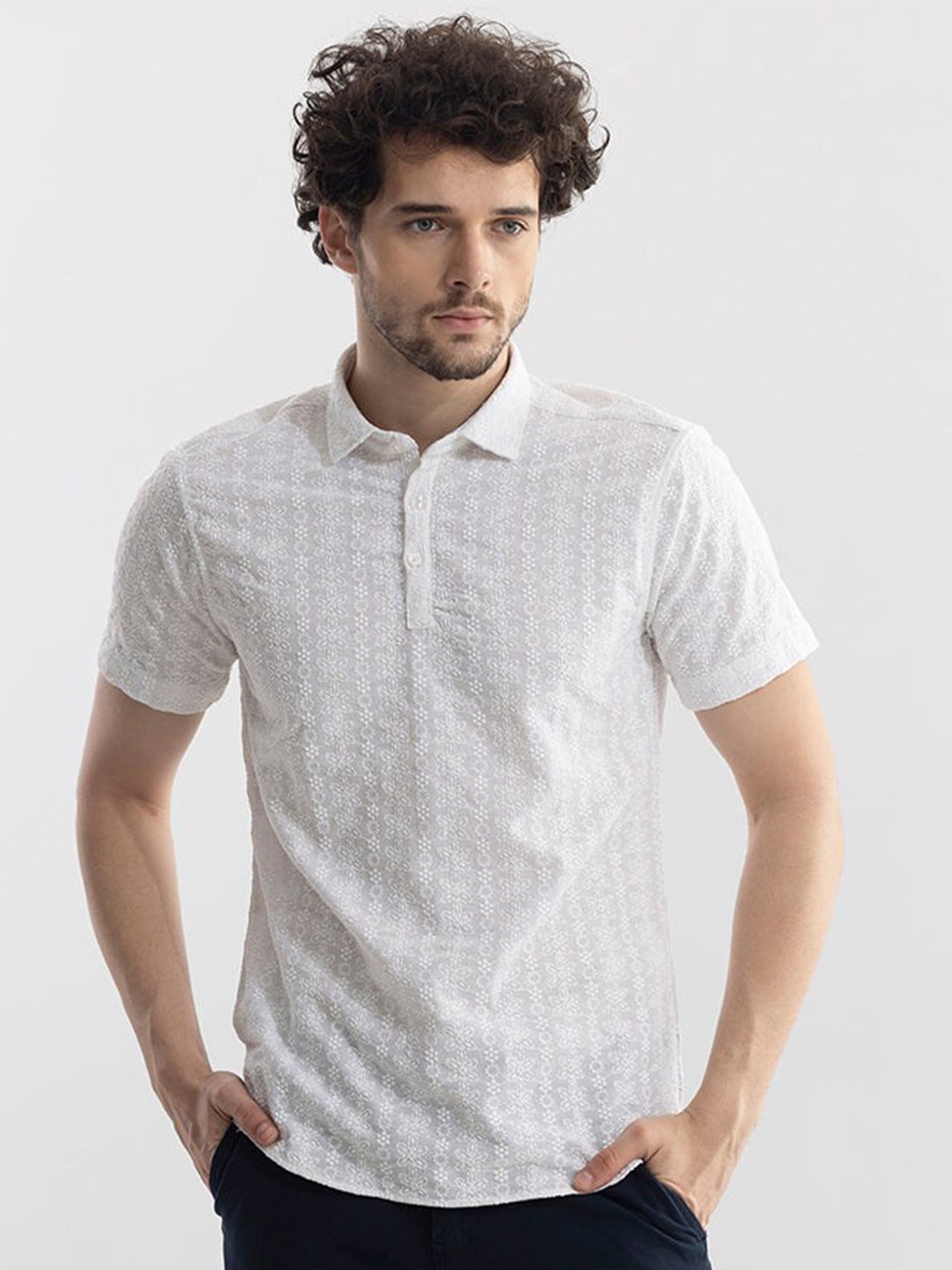 

Snitch White Self Design Polo Collar Embroidered Detail Cotton T-shirt