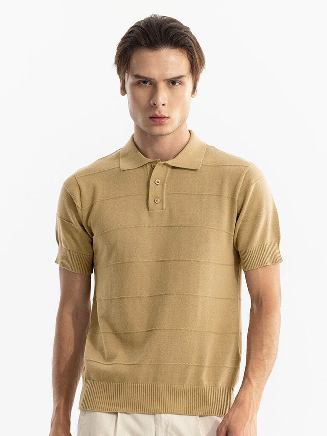 

Snitch Self Design Polo Collar Cotton Slim Fit T-shirt, Beige