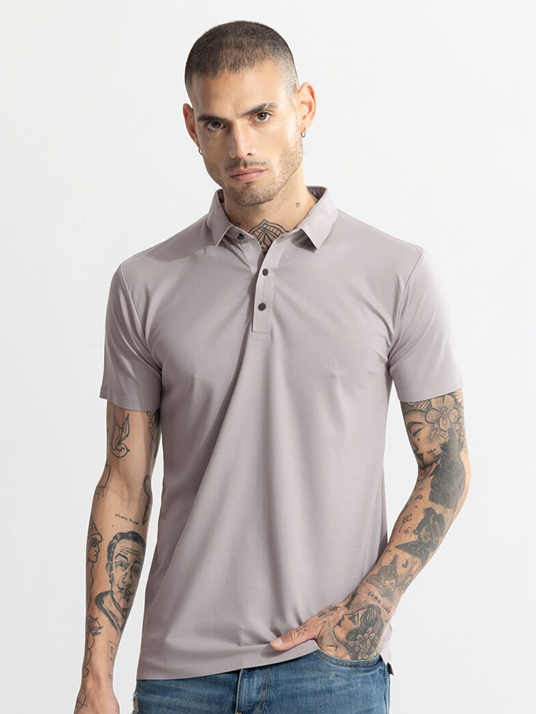 

Snitch Grey Polo Collar Cotton T-shirt
