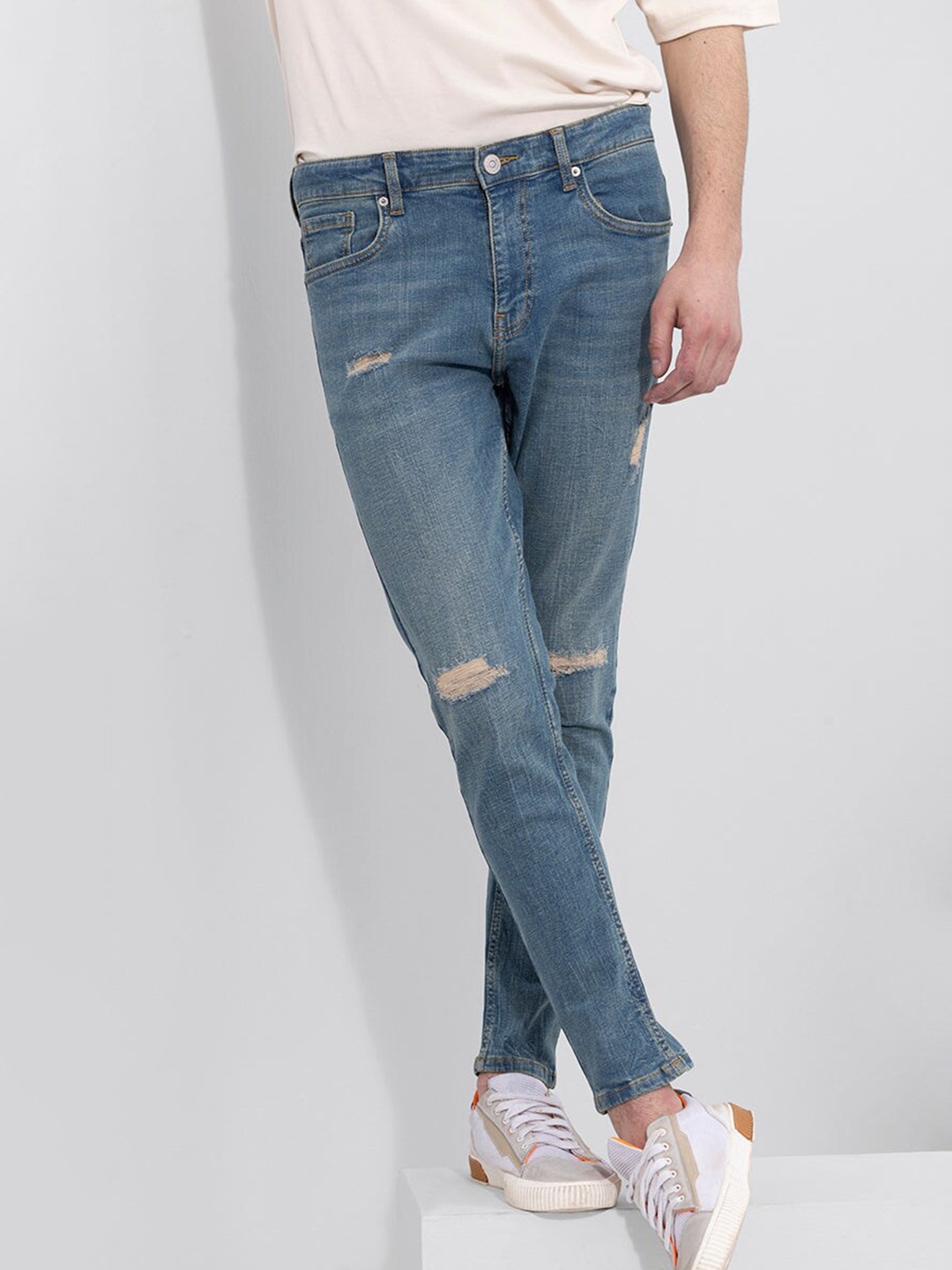 

Snitch Men Smart Skinny Fit Slash Knee Light Fade Cotton Stretchable Jeans, Blue
