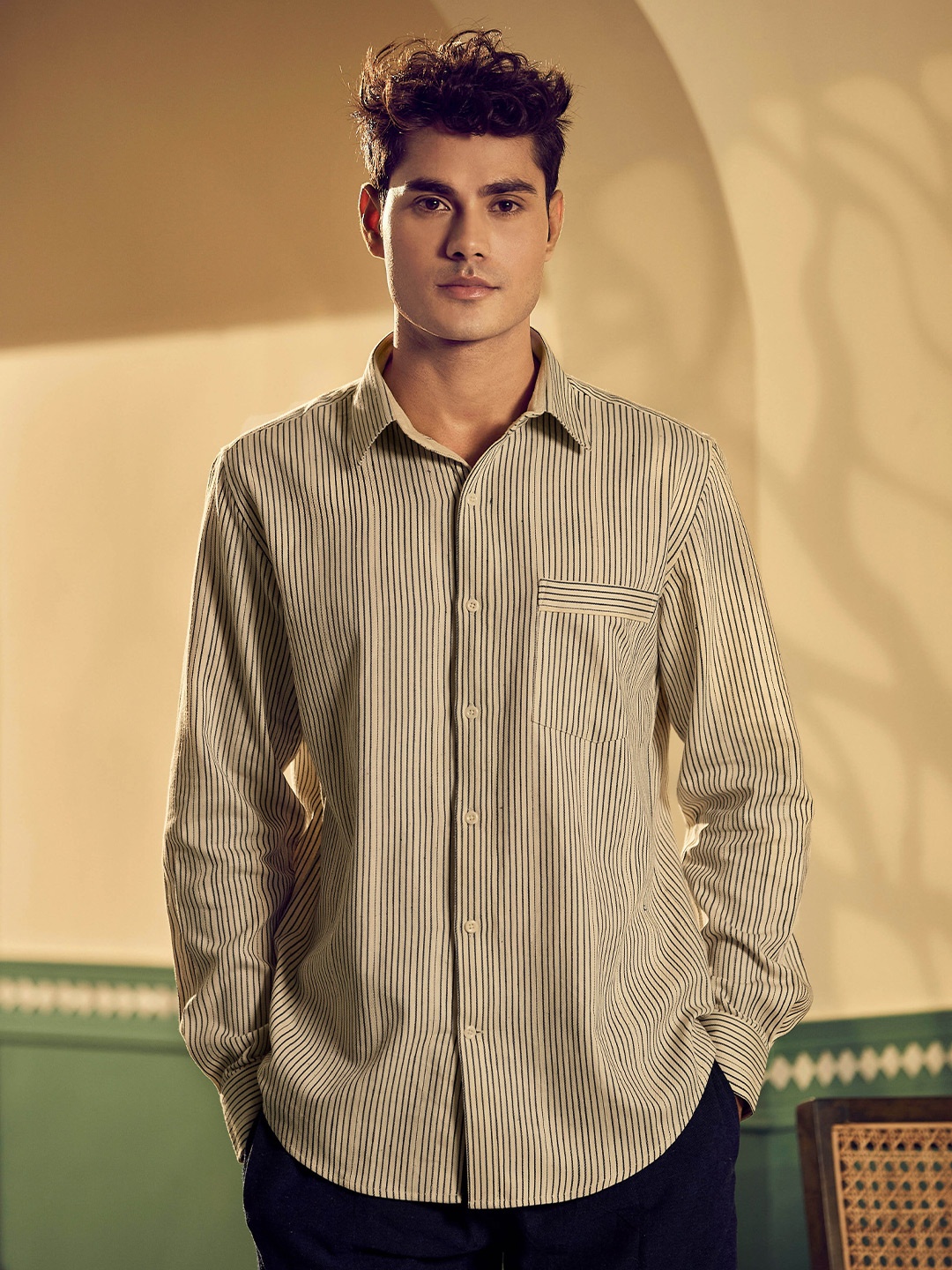 

Earthpiece Classic Vertical Striped Pure Cotton Shirt, Off white