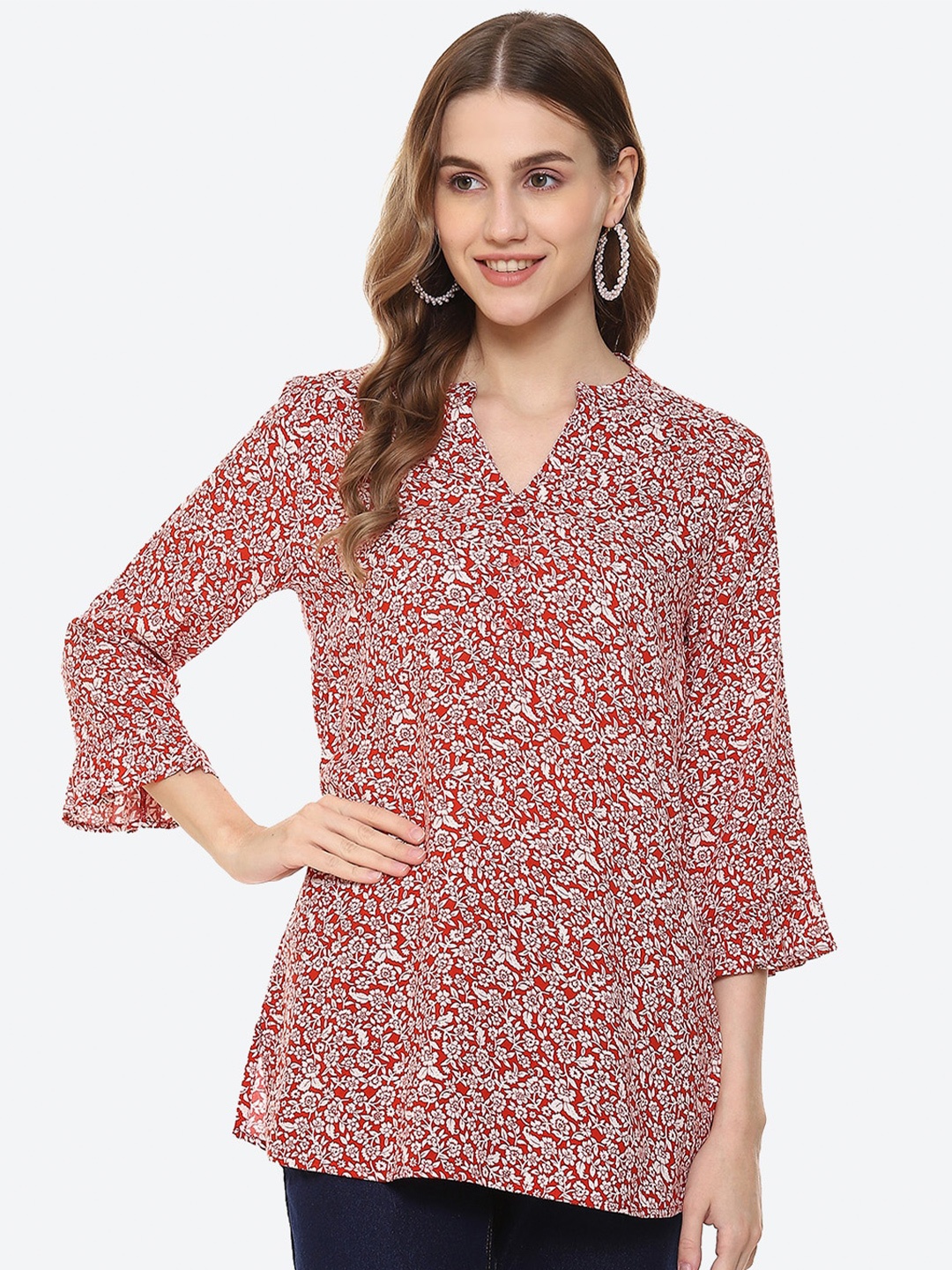 

2Bme Floral Printed Mandarin Collar Printed Tunic, Rust