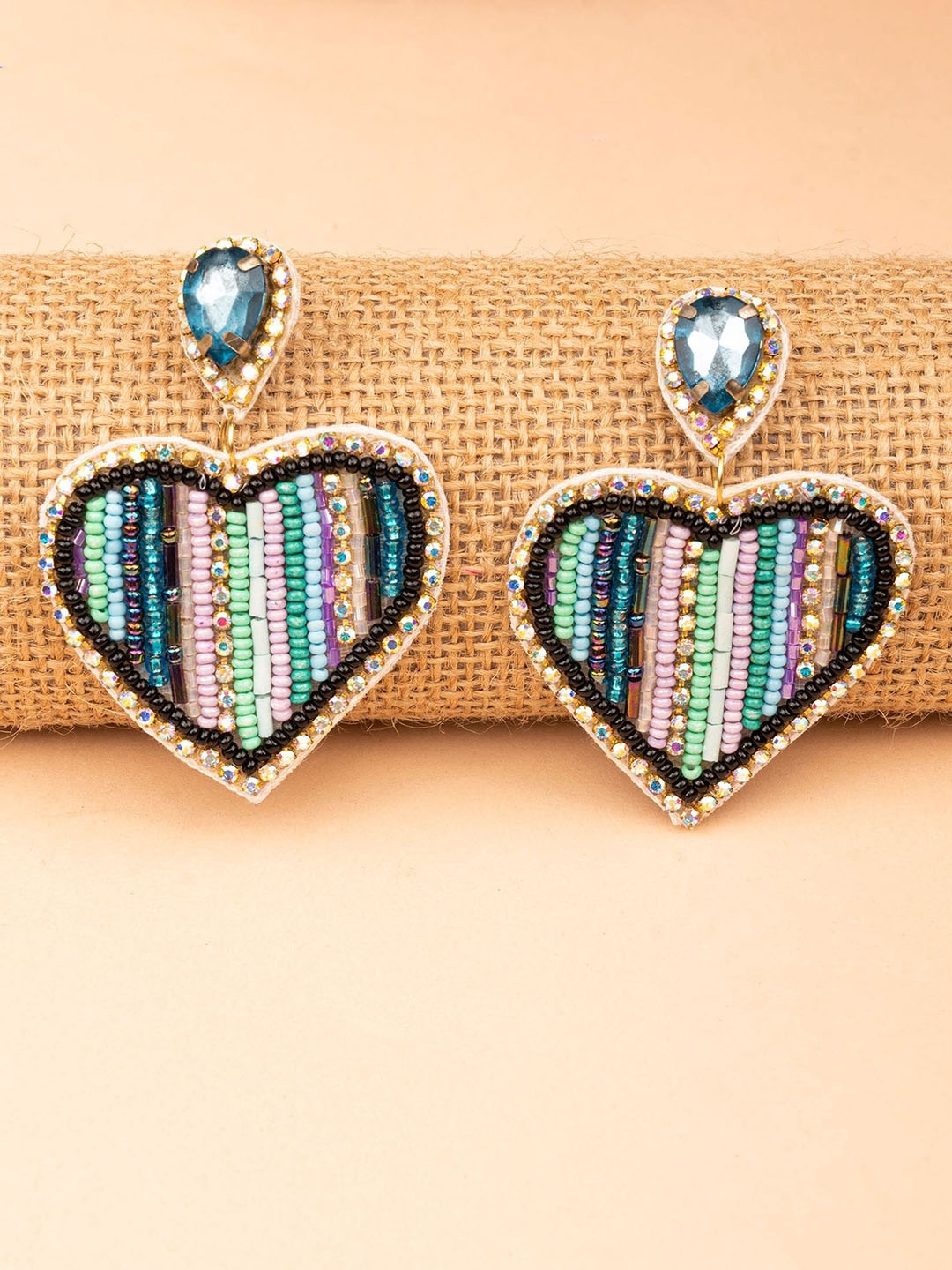 

Crunchy Fashion Stone & Beaded Heart Shaped Drop Earrings, Blue