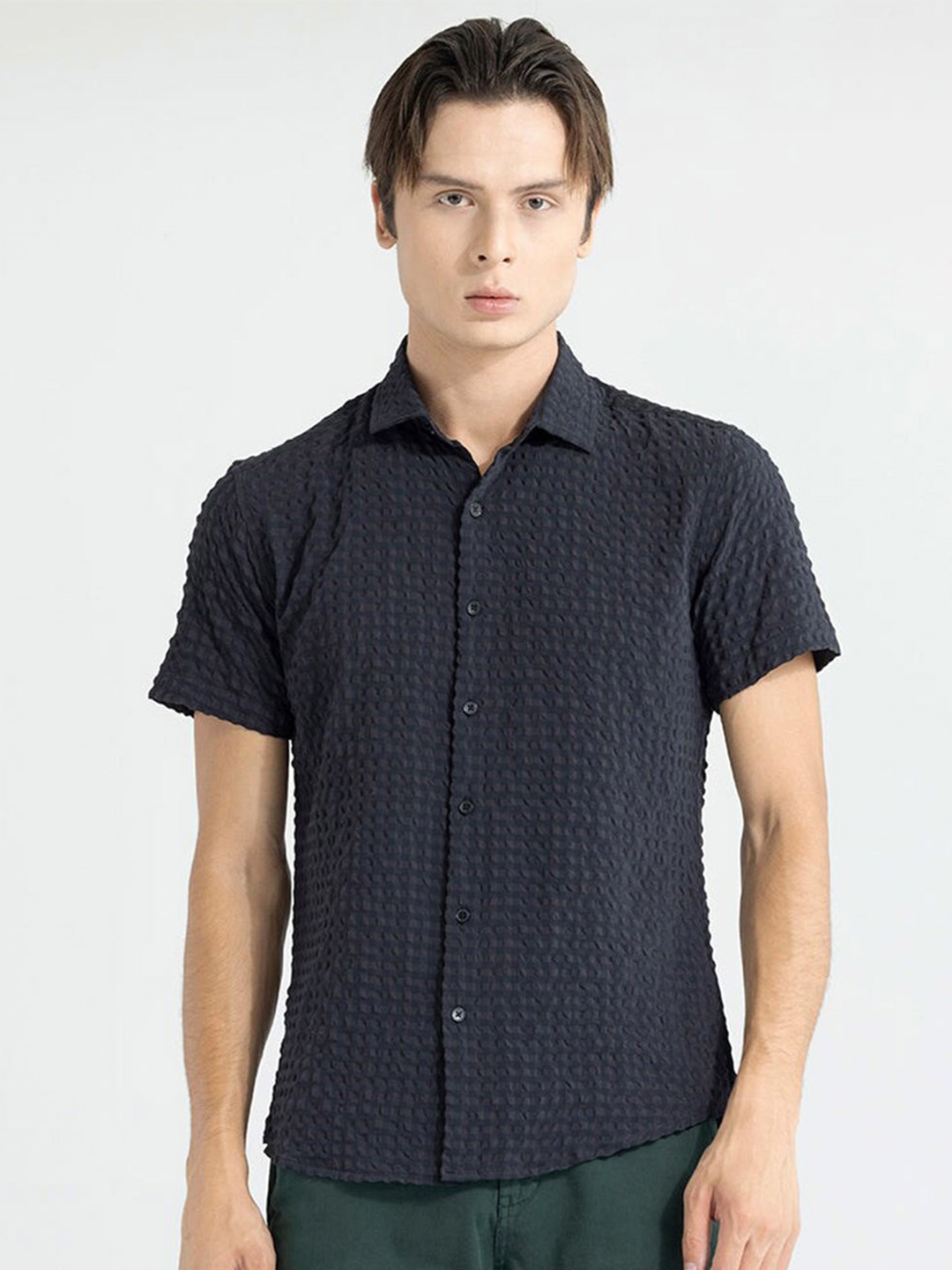 

Snitch Textured Self Design Cotton Casual Shirt, Black