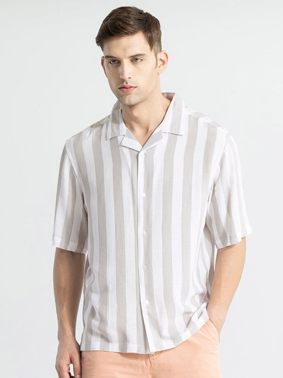 

Snitch White Classic Vertical Striped Oversized Casual Shirt, Grey