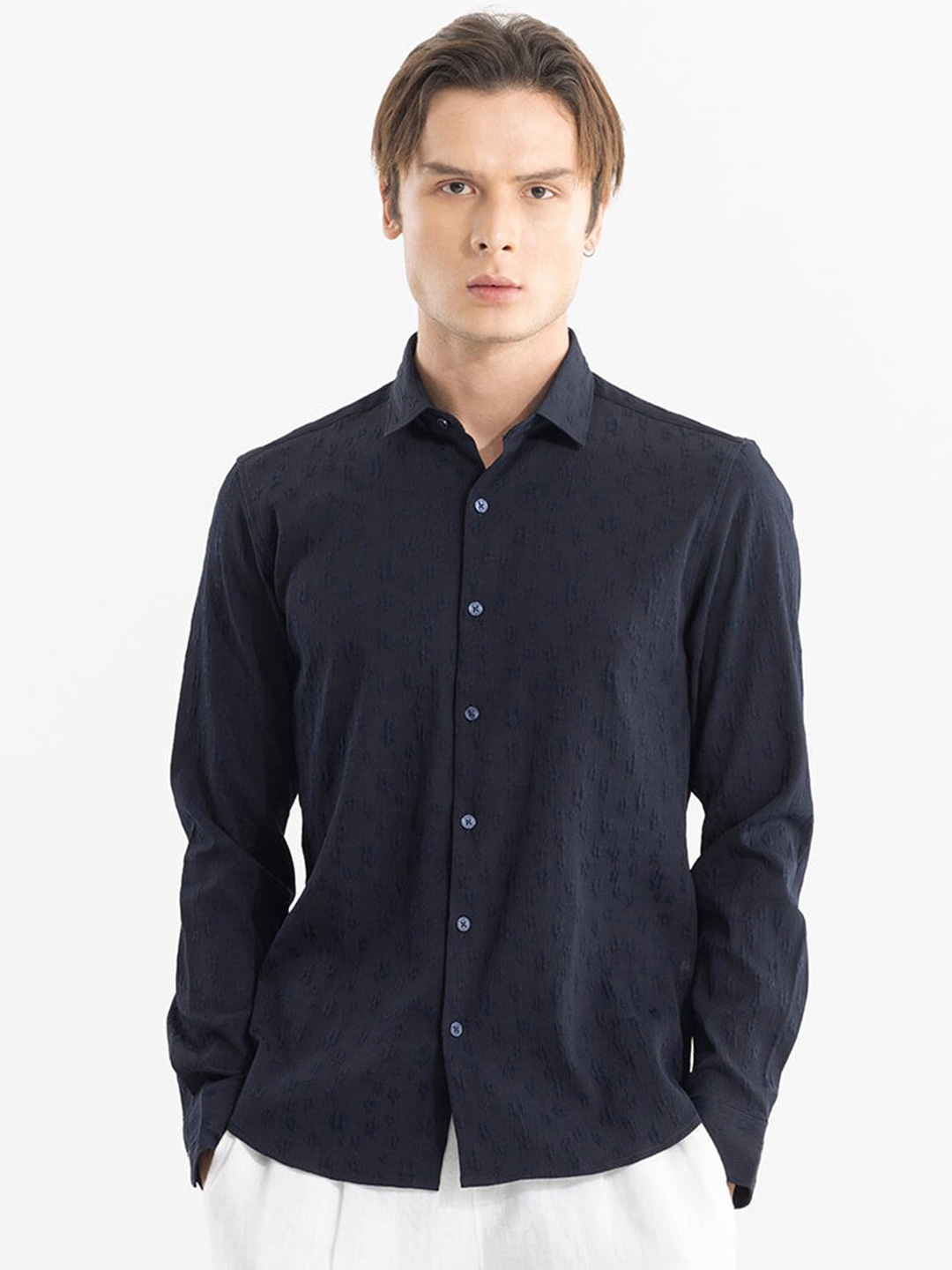 

Snitch Navy Blue Classic Slim Fit Spread Collar Casual Shirt