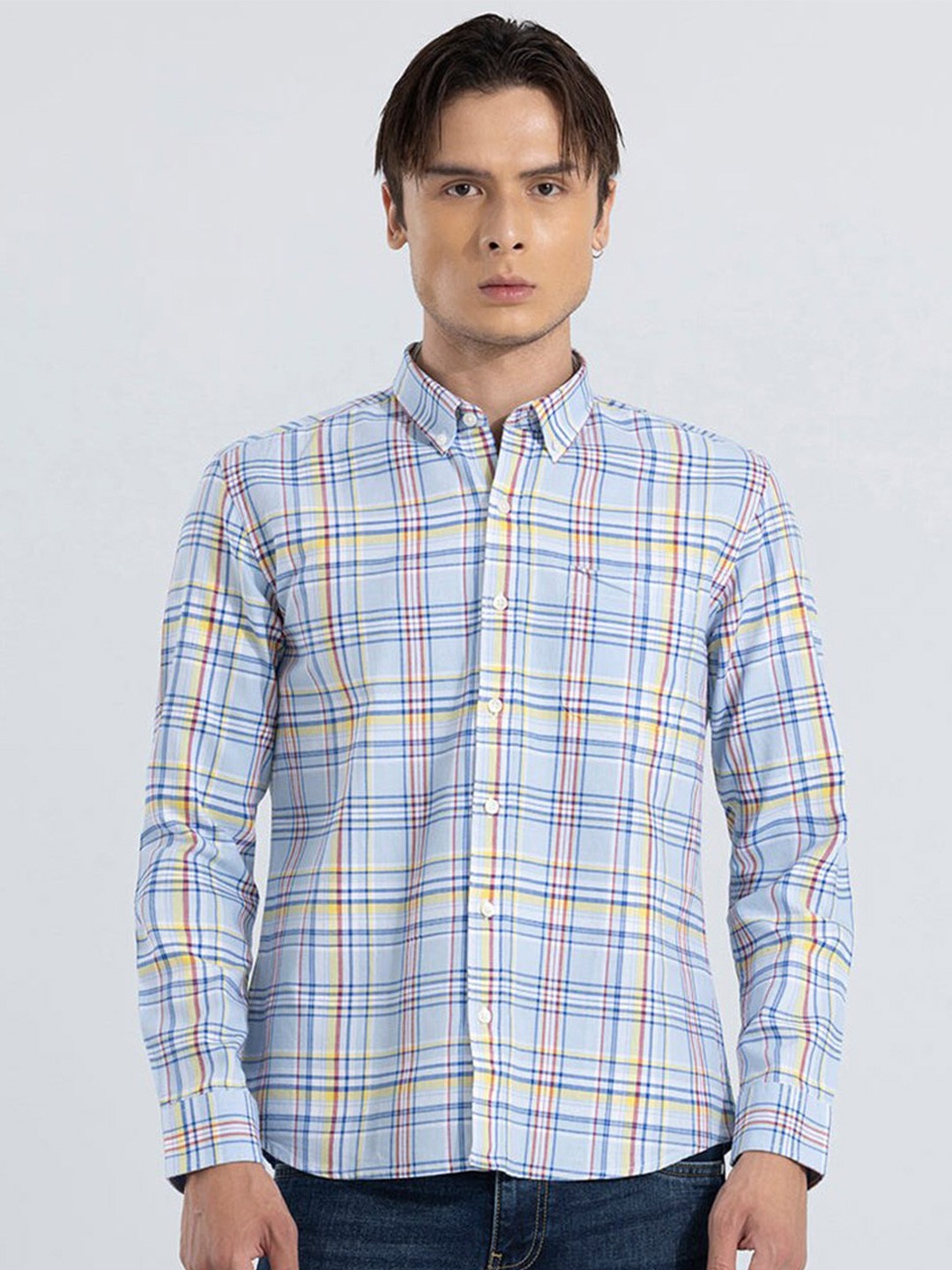 

Snitch Blue Classic Slim Fit Tartan Checked Cotton Casual Shirt