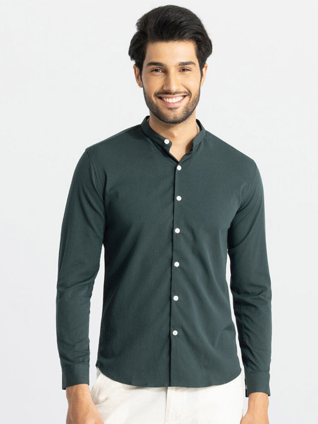 

Snitch Classic Slim Fit Band Collar Long Sleeve Cotton Casual Shirt, Green