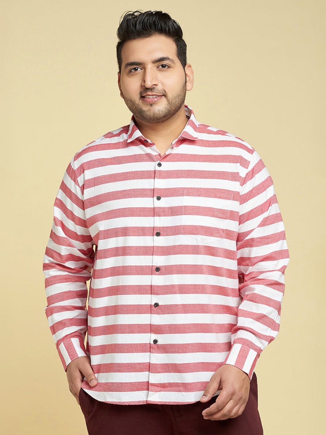 

Snitch Red Plus Size Horizontal Striped Cotton Classic Slim Fit Opaque Casual Shirt