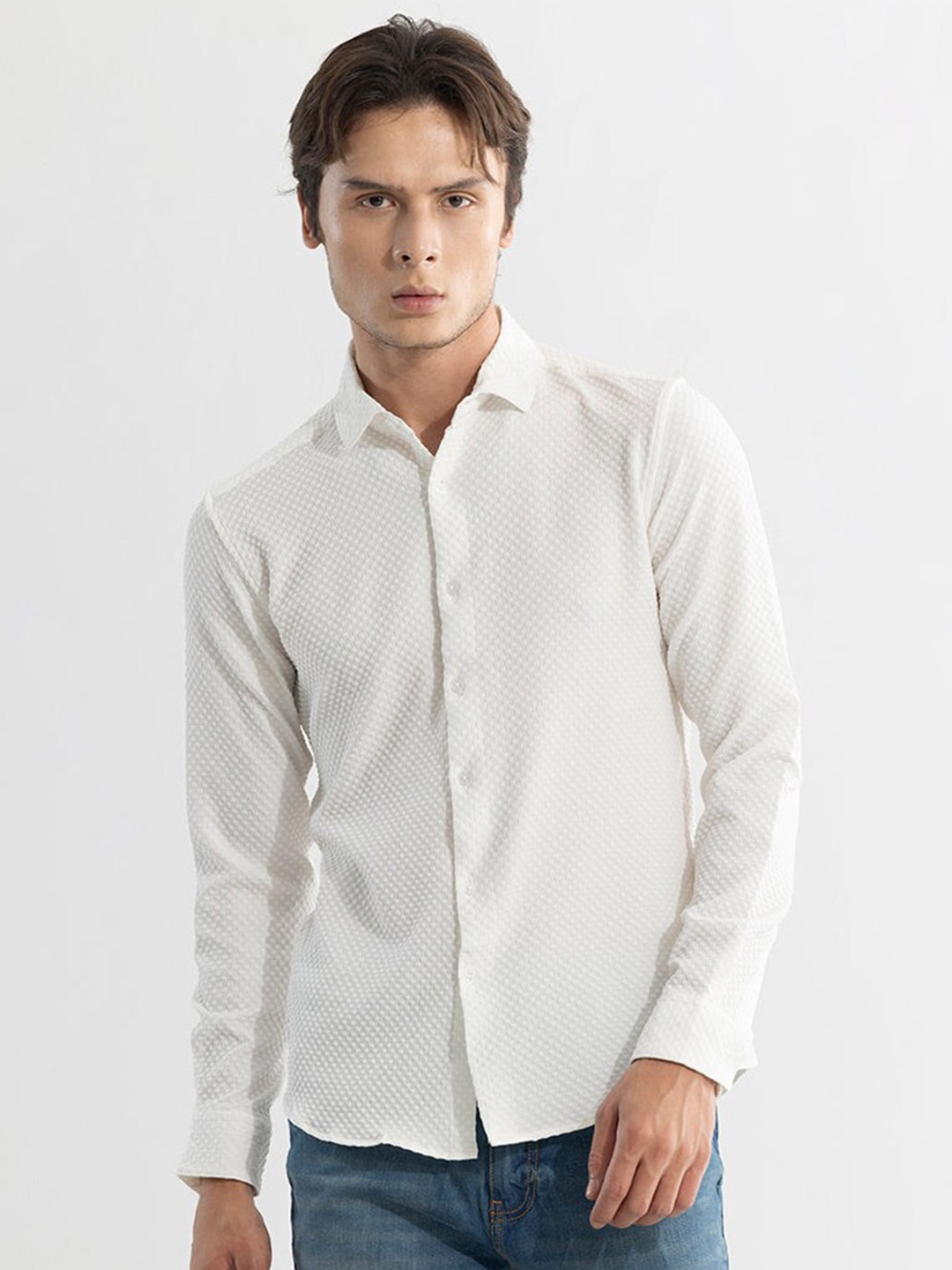 

Snitch White Classic Slim Fit Self Design Casual Shirt