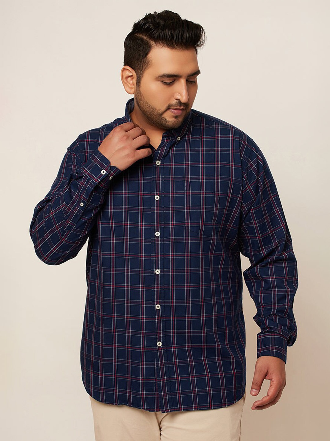 

Snitch Plus Size Classic Slim Fit Tartan Checks Cotton Casual Shirt, Navy blue