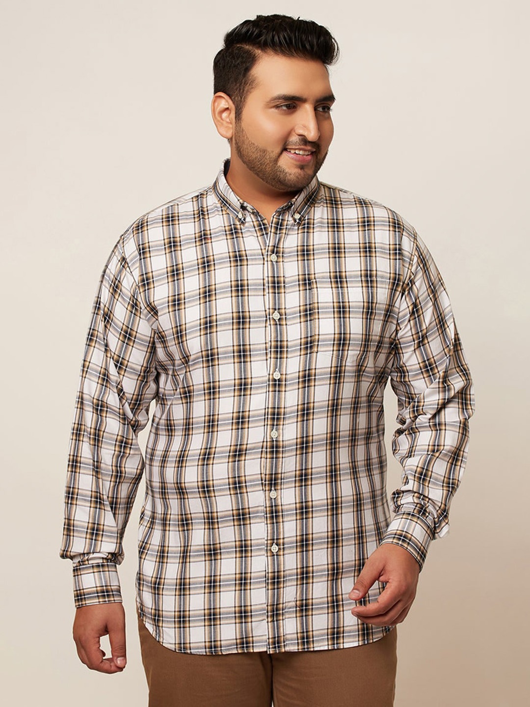 

Snitch Plus Size Tartan Checked Classic Slim Fit Cotton Casual Shirt, White