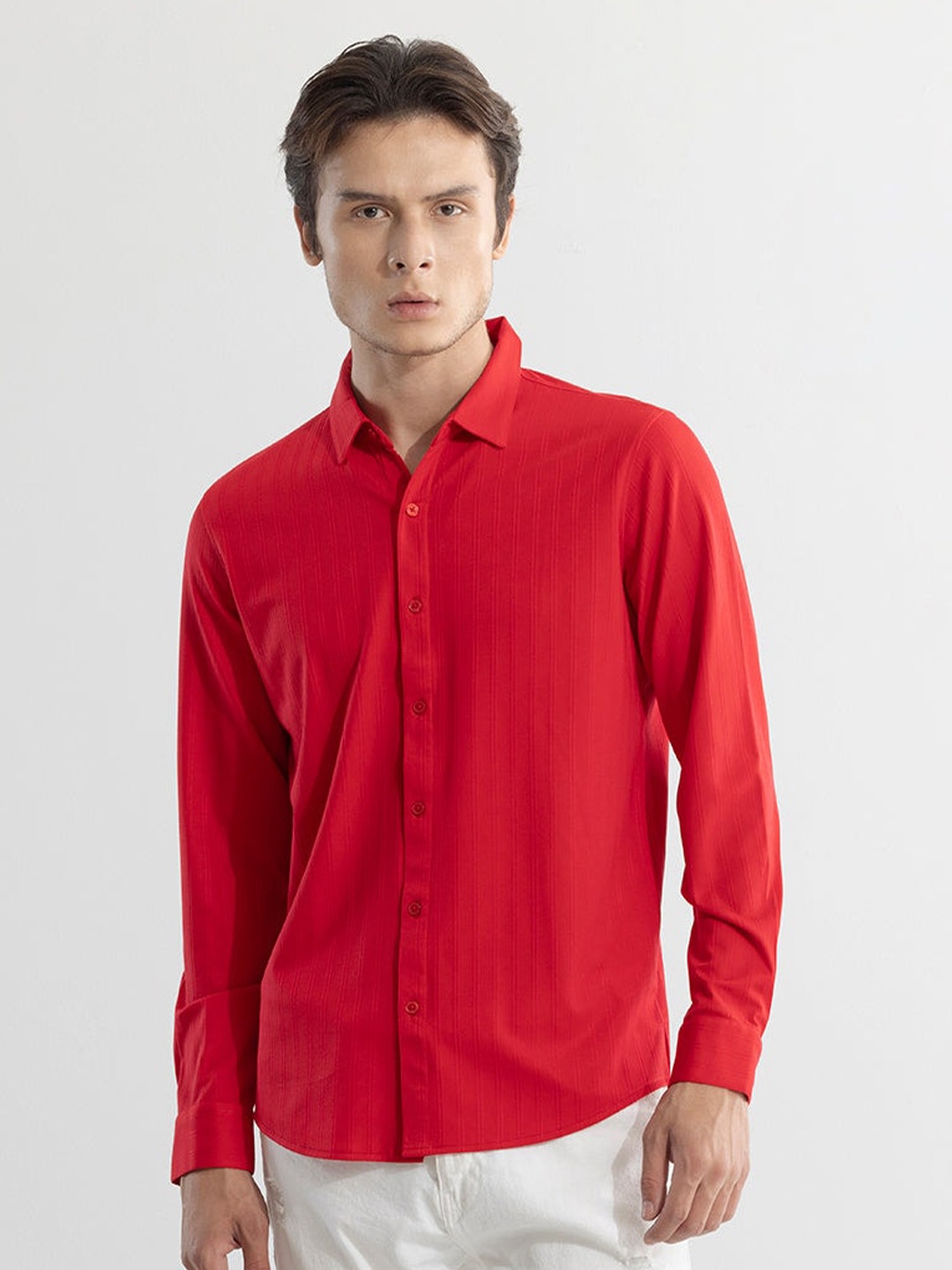 

Snitch Red Vertical Striped Classic Slim Fit Opaque Casual Cotton Shirt