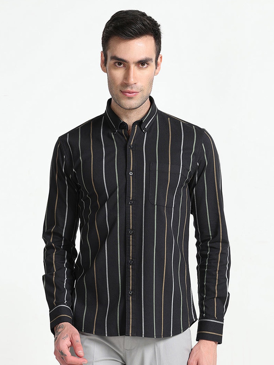 

Snitch Classic Slim Fit Striped Button-Down Collar Cotton Casual Shirt, Black