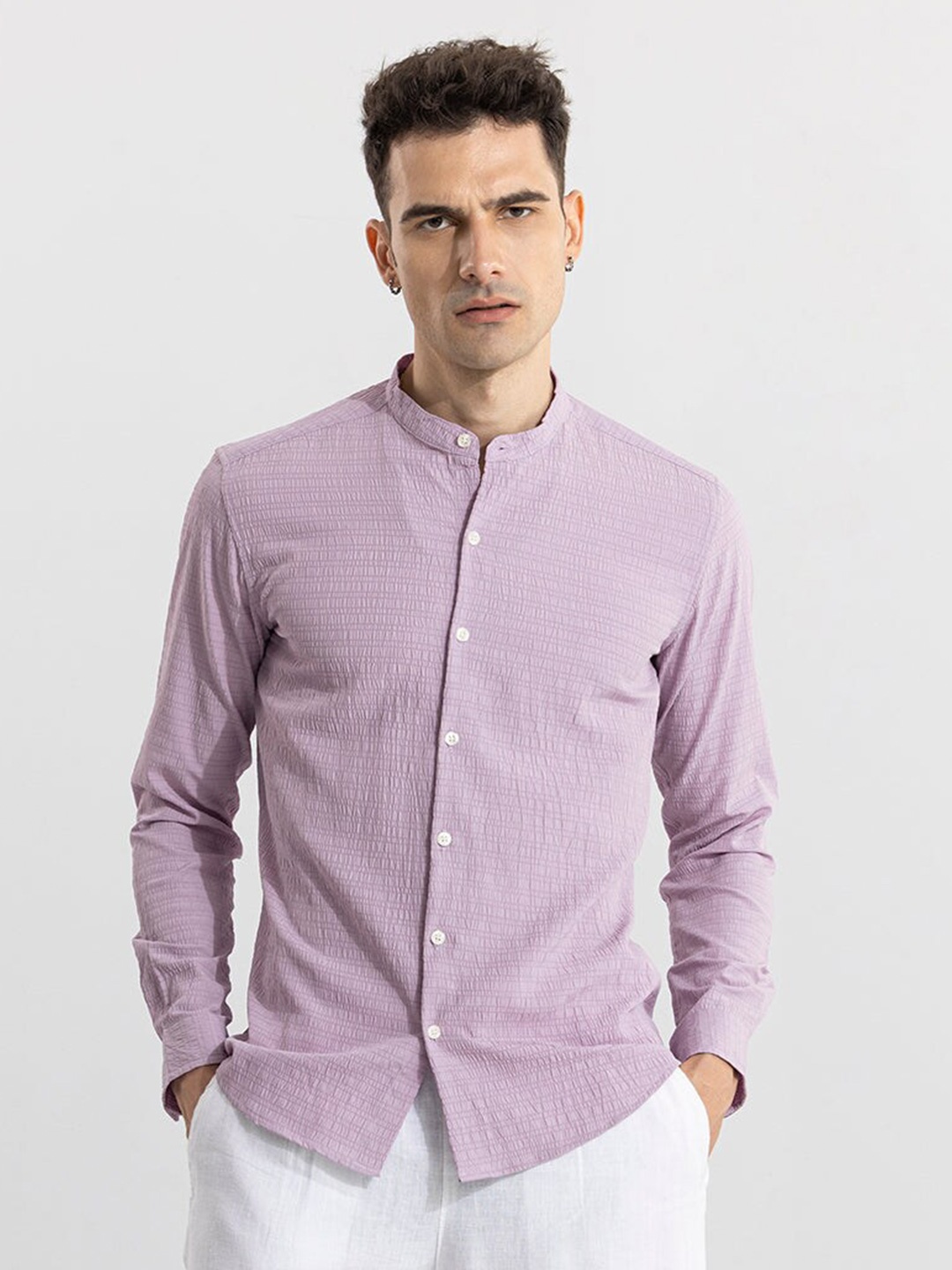 

Snitch Purple Classic Self Design Textured Band Collar Cotton Casual Shirt
