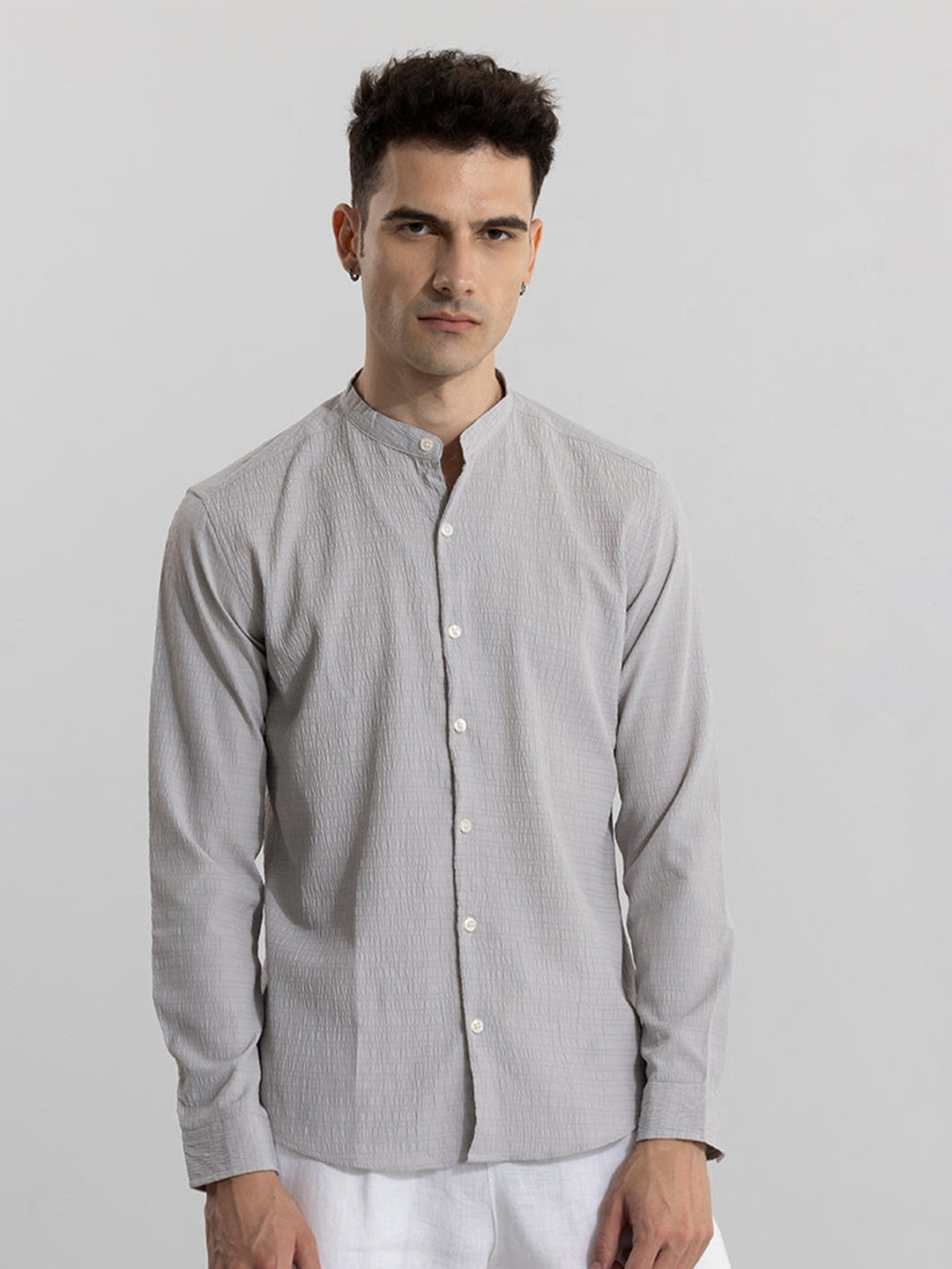 

Snitch Grey Classic Band Collar Cotton Casual Shirt